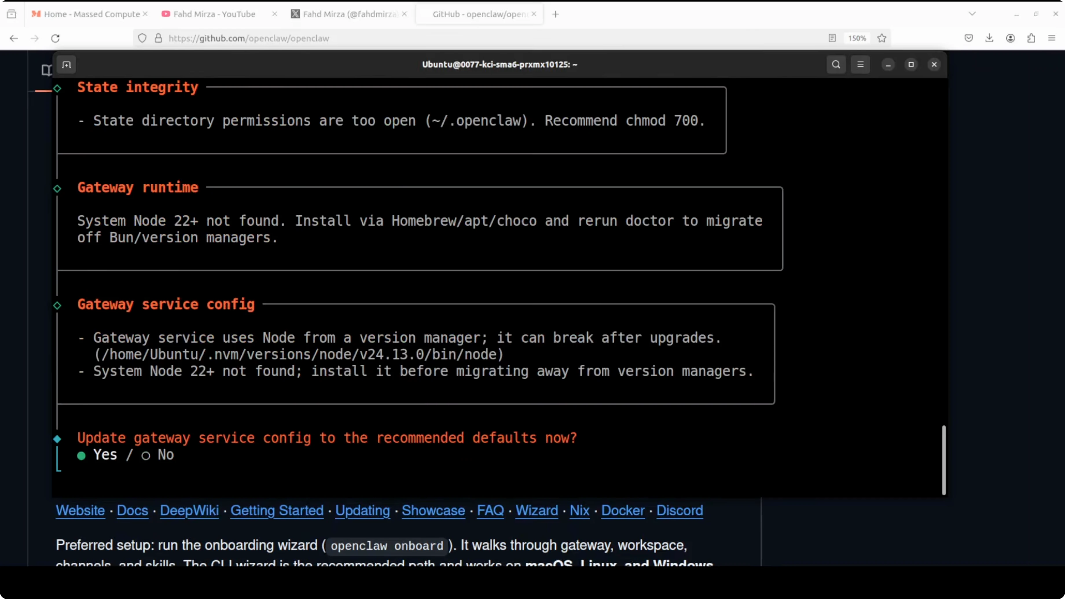 Prompt di configurazione durante aggiornamento OpenClaw
