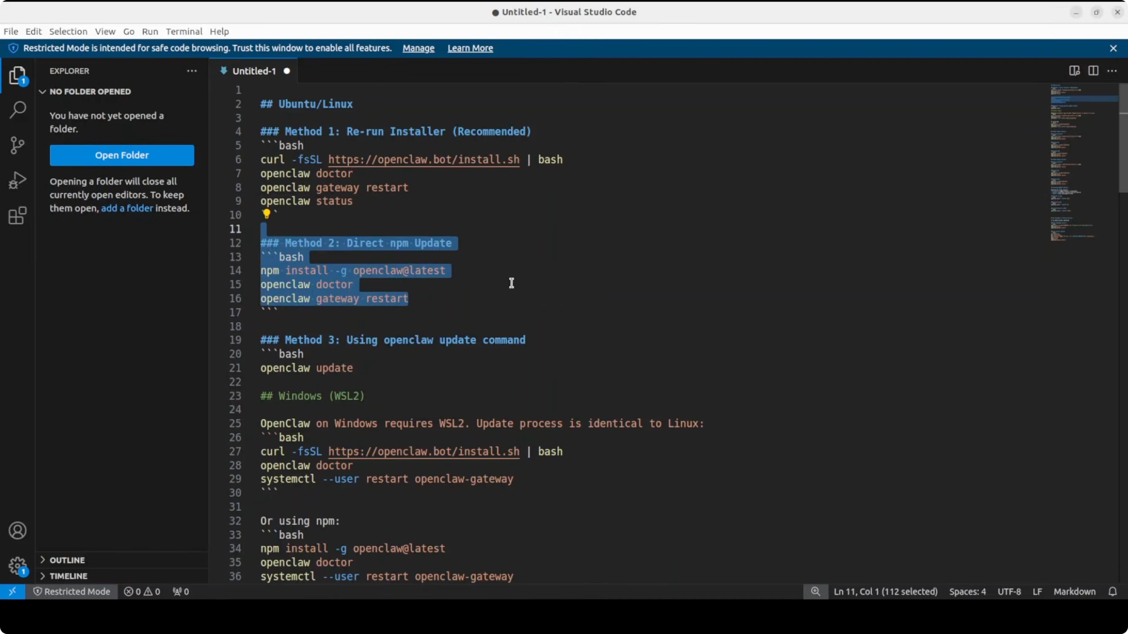 Aggiornamento OpenClaw con npm install globale