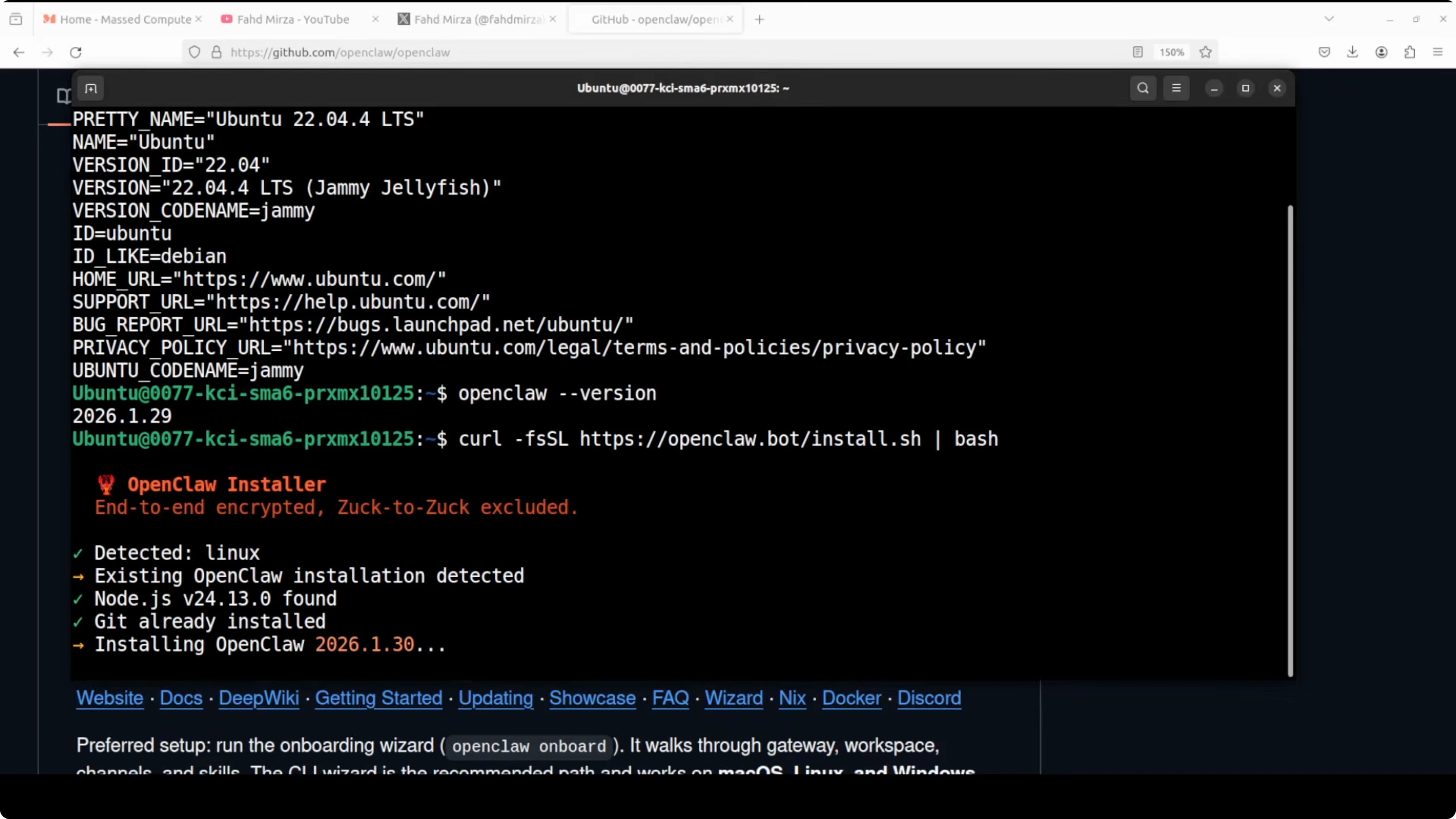 Comando openclaw update in esecuzione su Linux