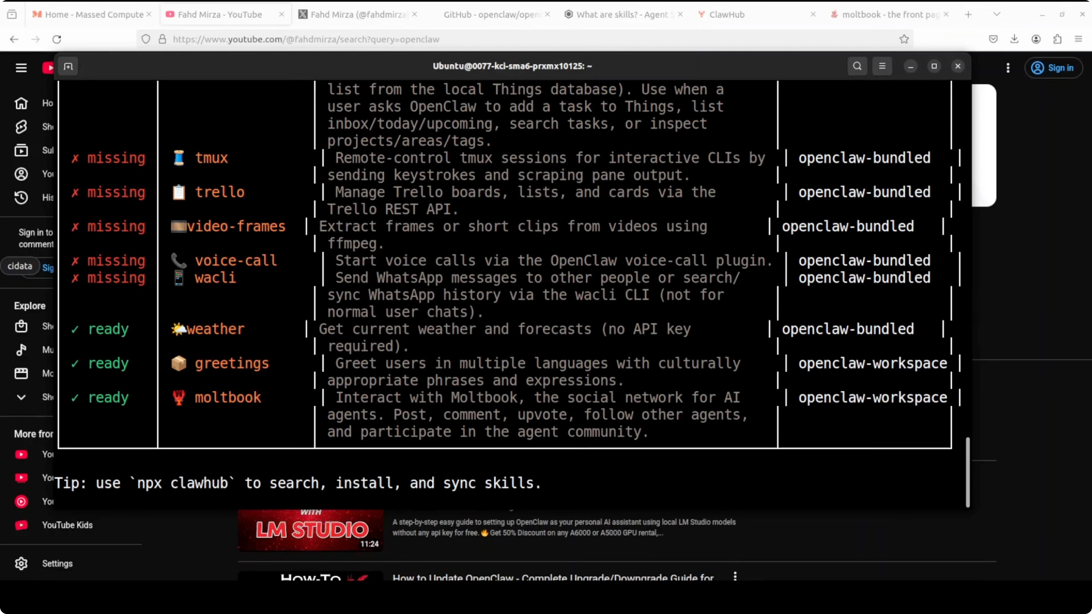 OpenClaw bundled skills list showing GitHub, Notion, Obsidian integrations