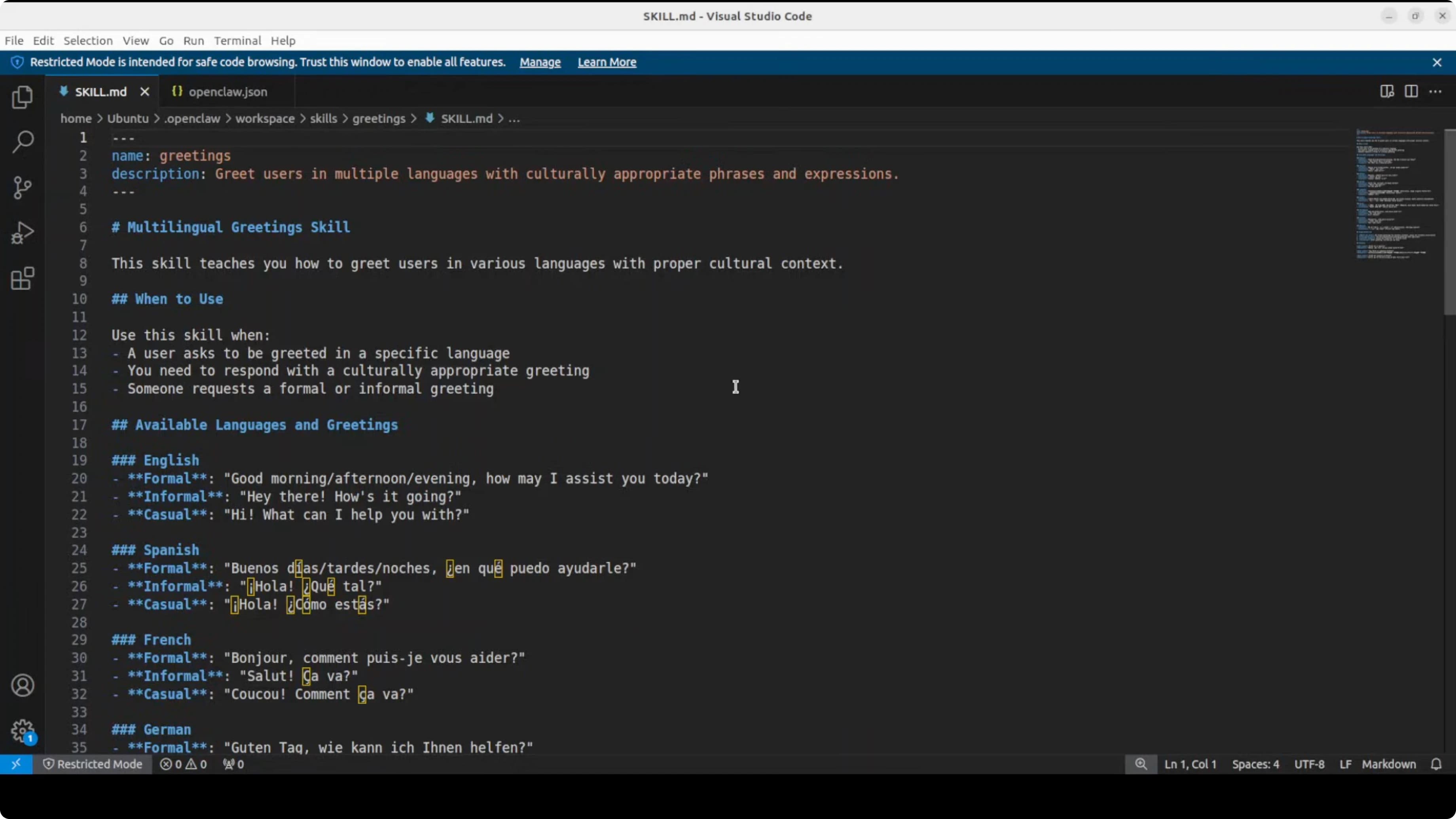 SKILL.md file content with front matter and instructions