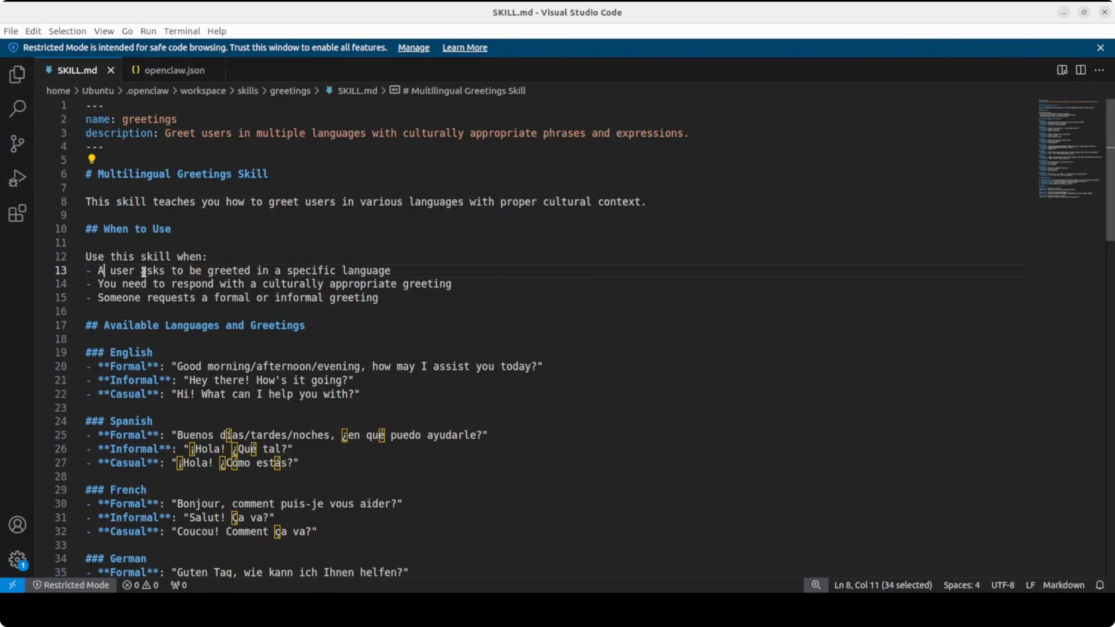 Istruzioni dettagliate della skill che mostrano esempi di saluti multilingua