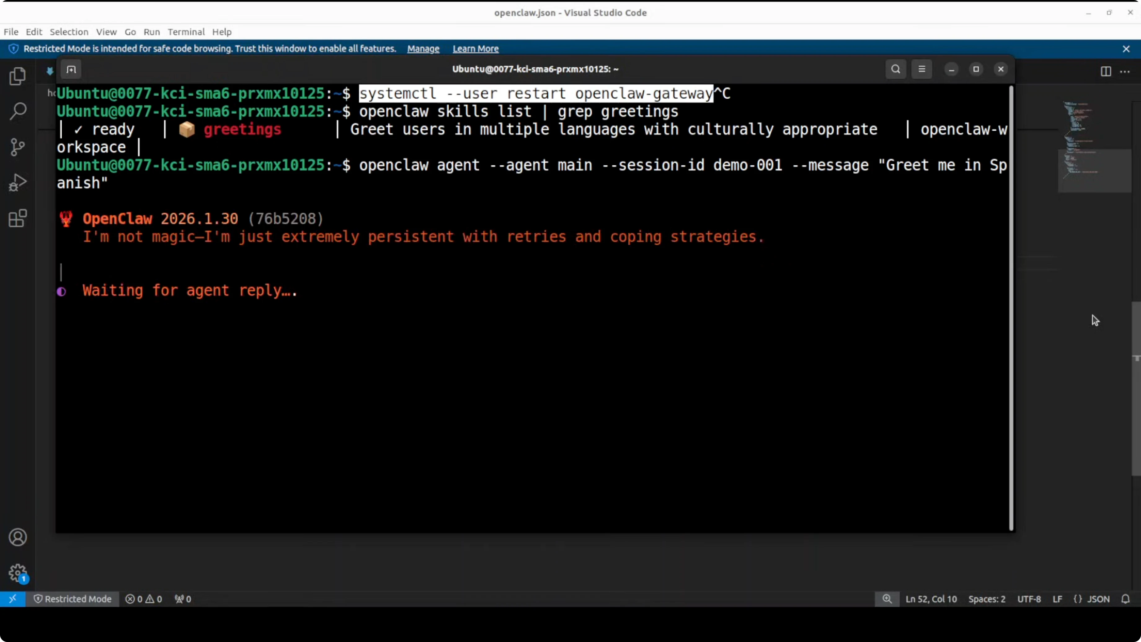 OpenClaw agent responding to multilingual greeting request