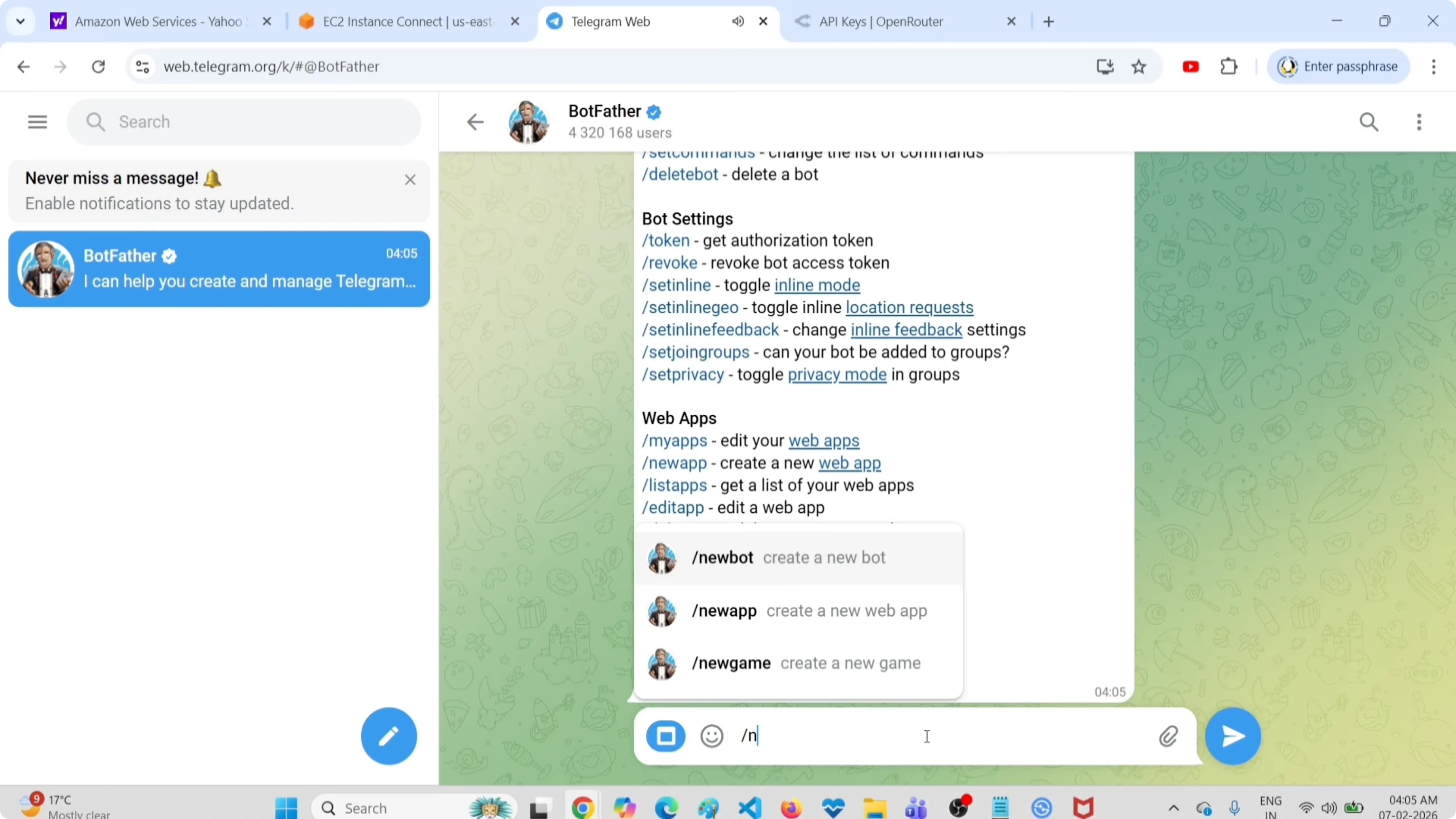Selezione del canale Telegram nel wizard OpenClaw
