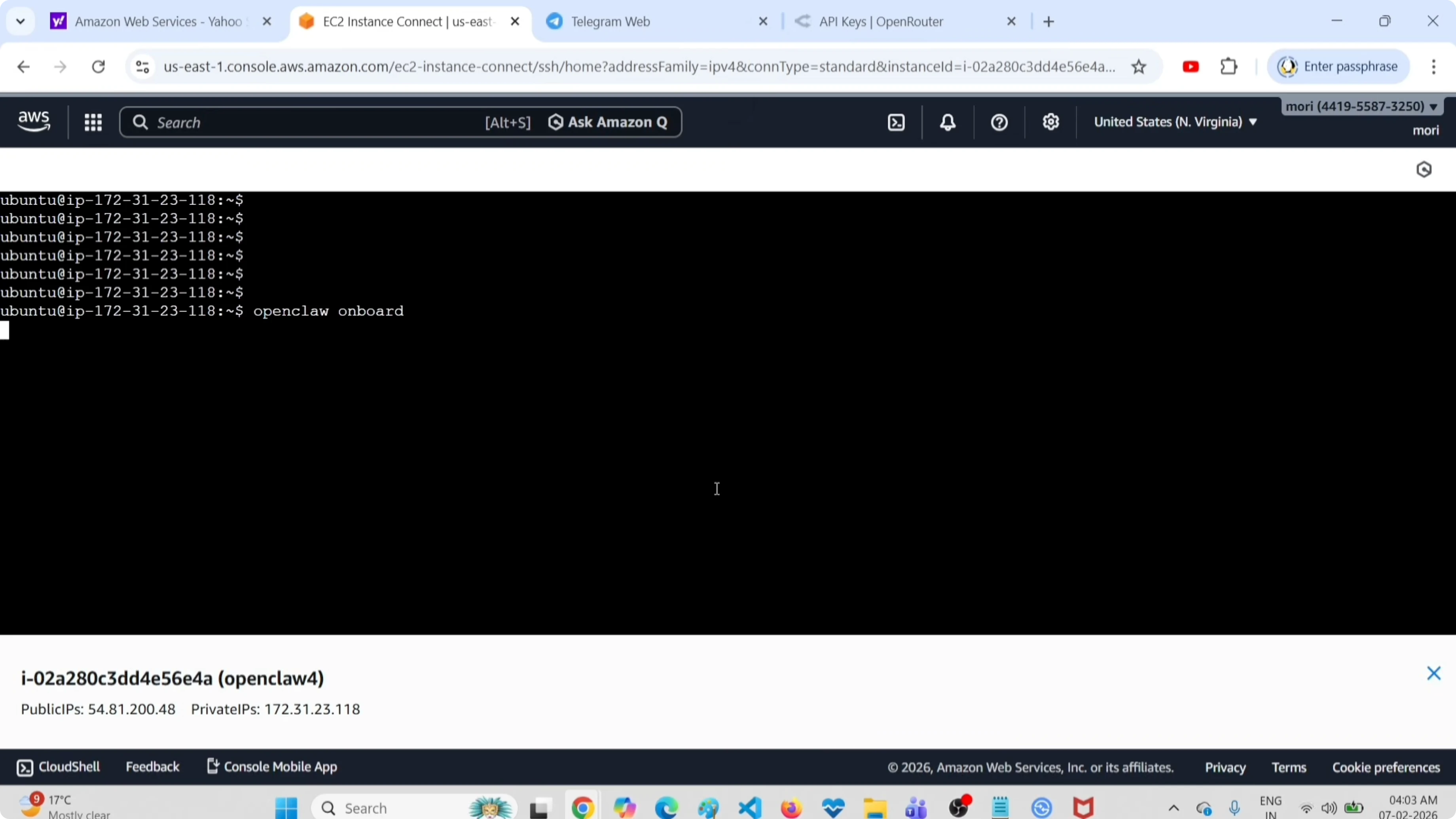 Comando openclaw onboard per avviare il wizard di configurazione