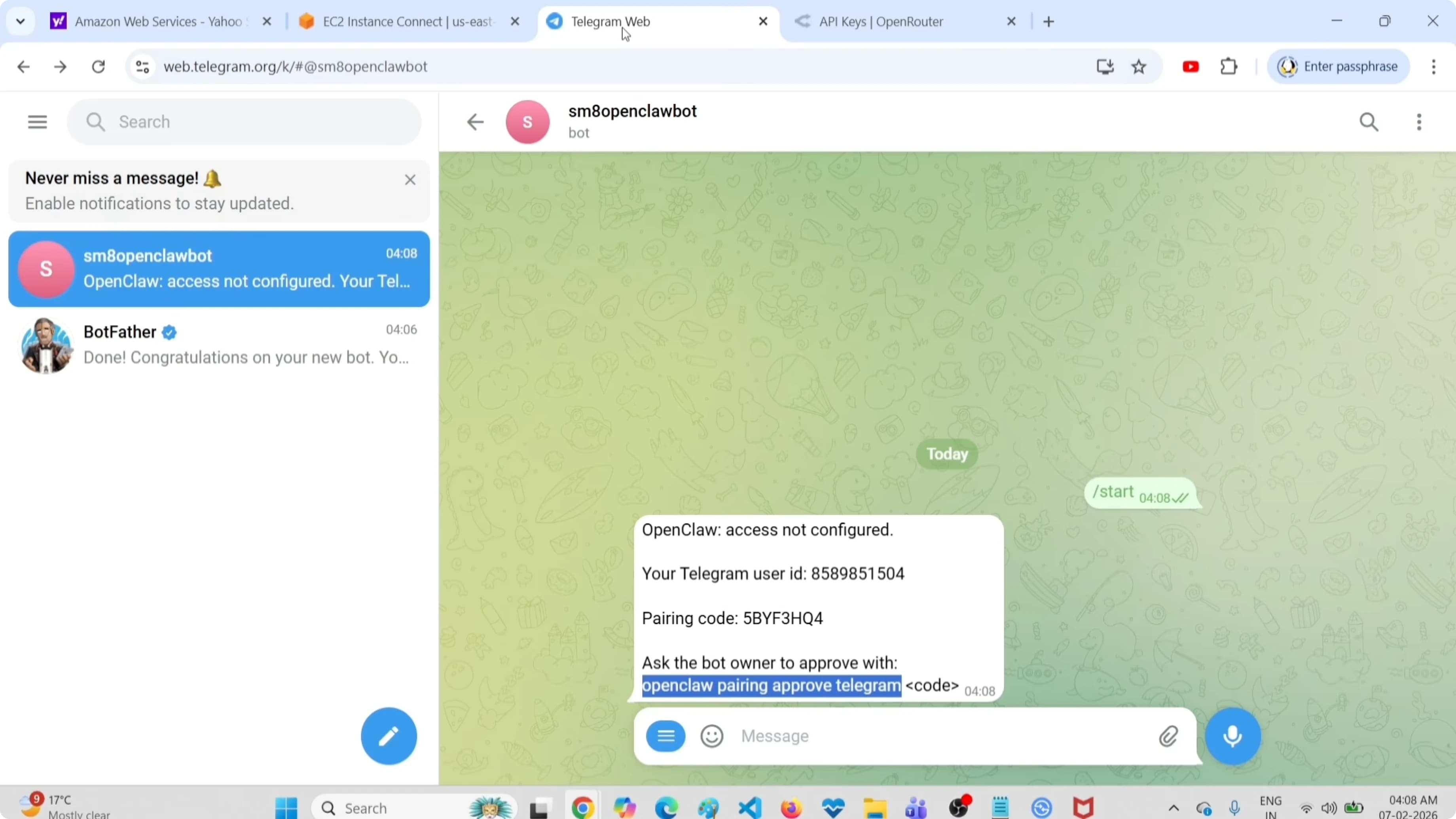 Comando di pairing da copiare e incollare nel bot Telegram