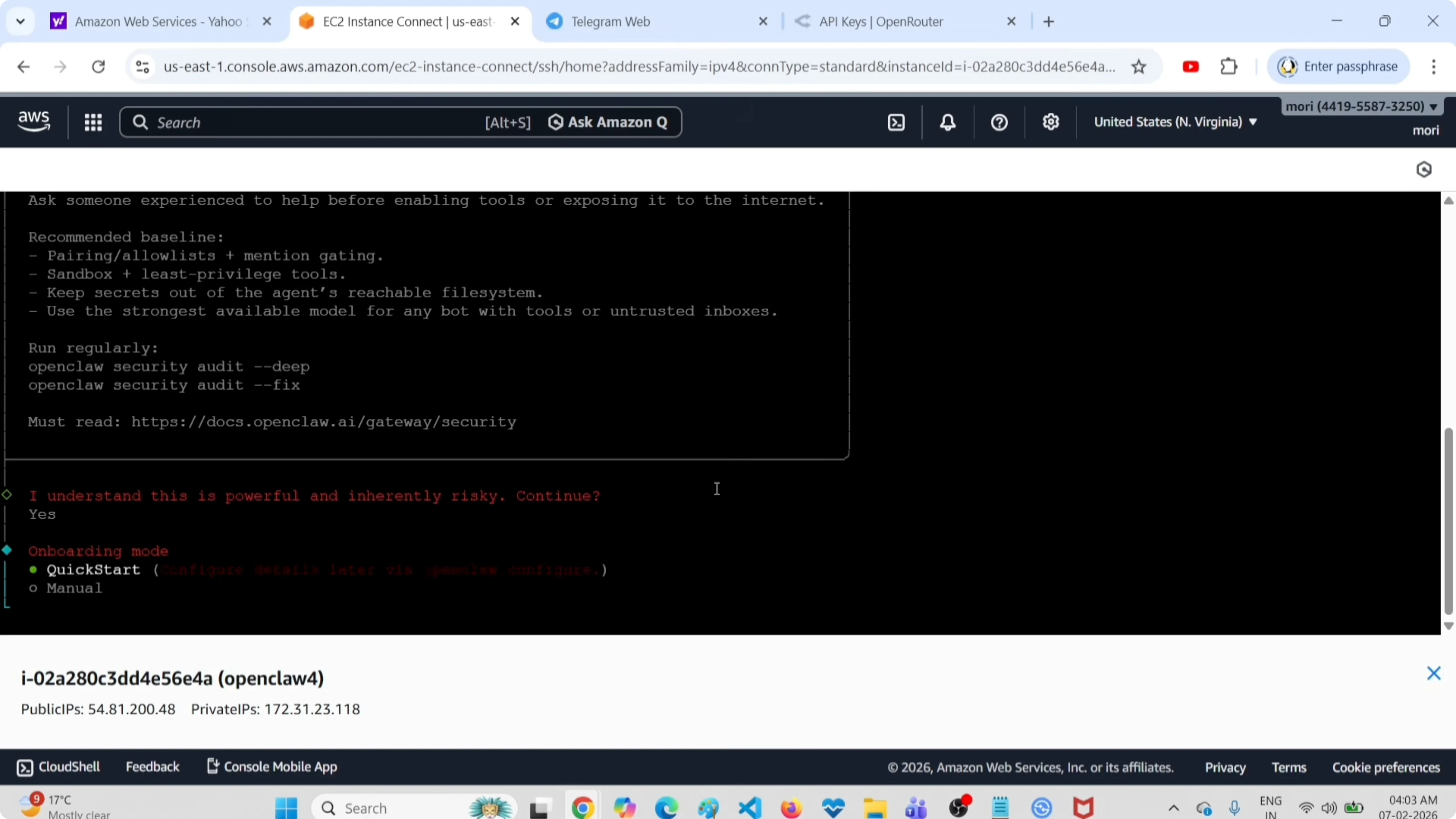 OpenClaw onboarding wizard in Quick Start mode