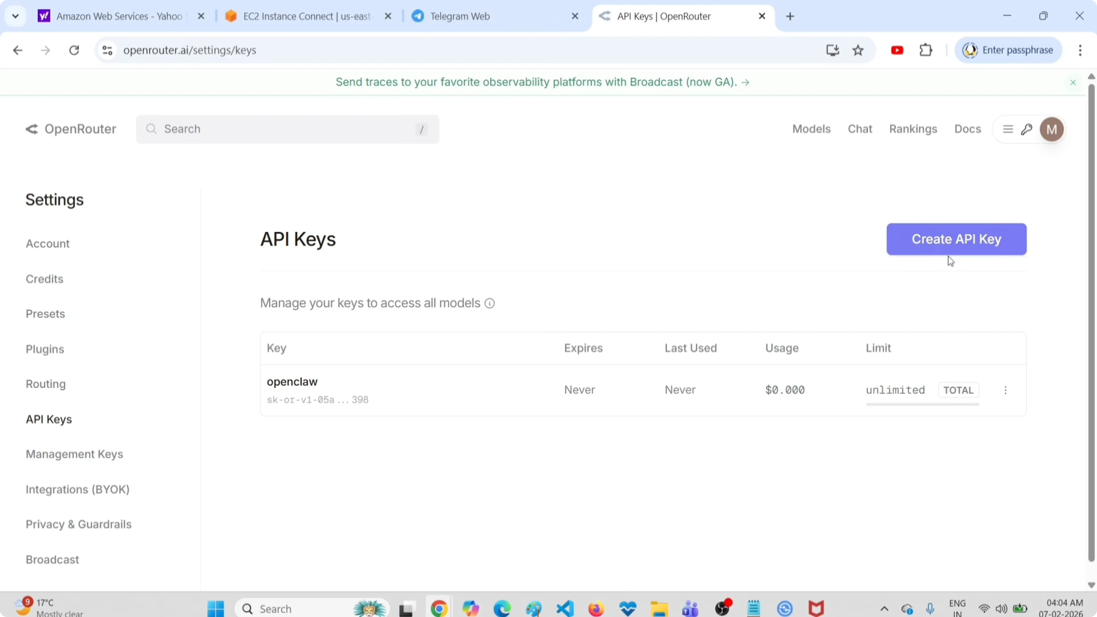 Generating a free API key on OpenRouter