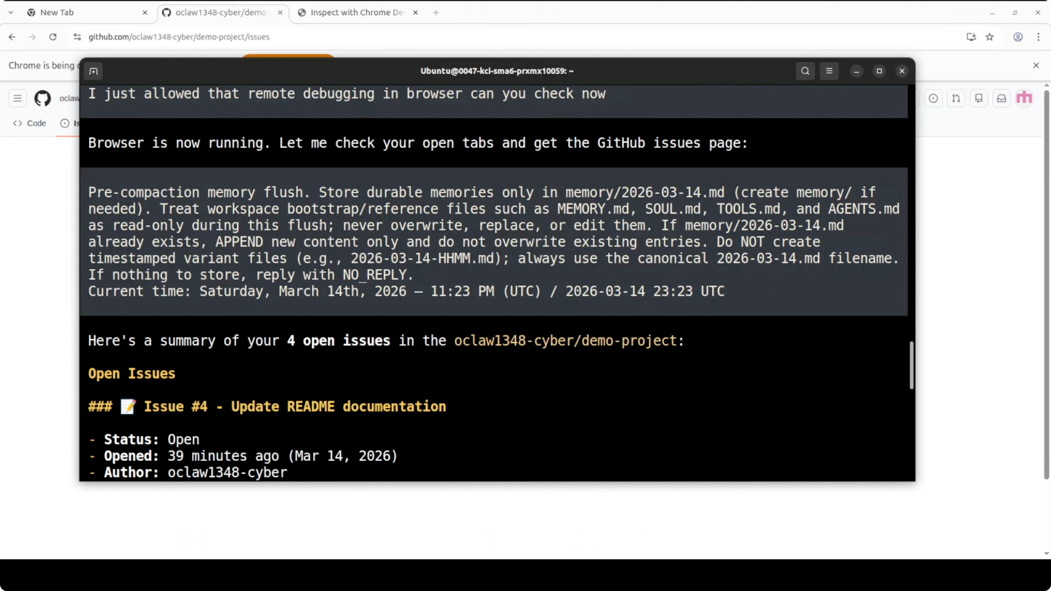 Output dell'agente con dettagli delle issue GitHub estratti