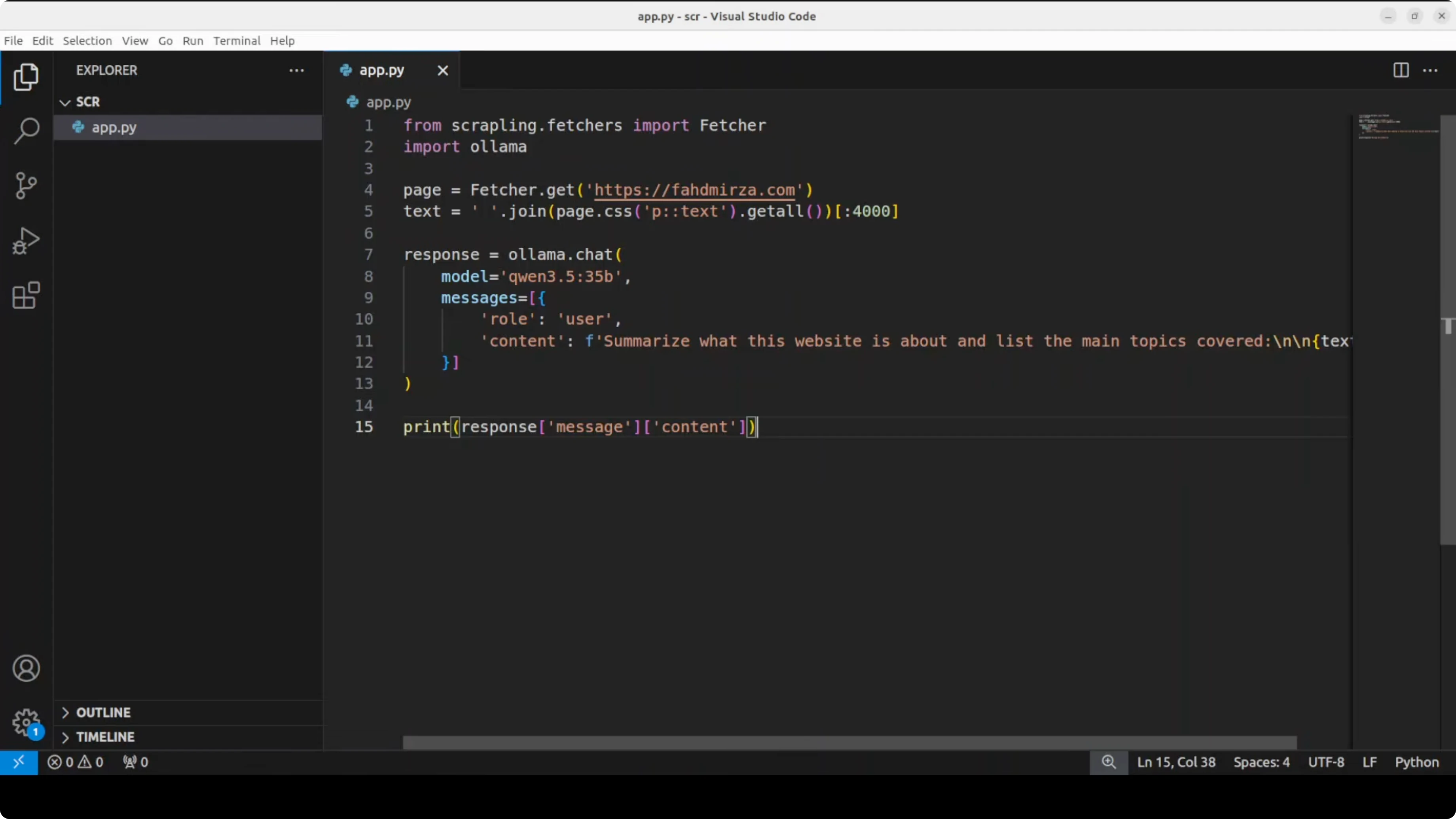 Python code to integrate Scrapling with Ollama