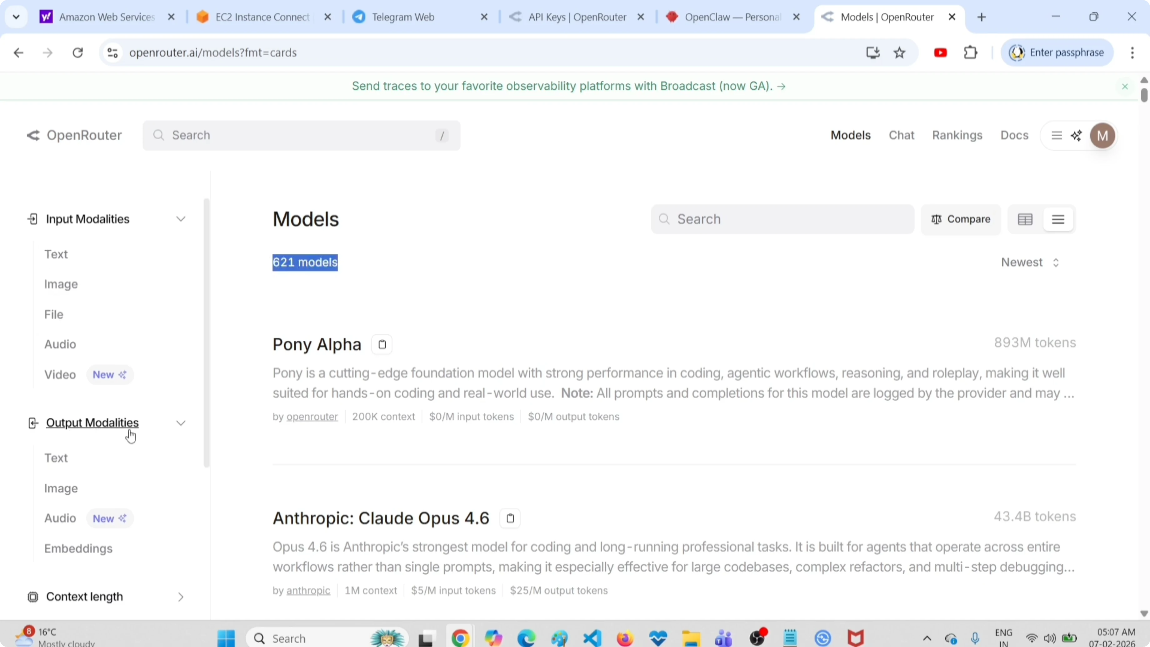 Pagina dei modelli OpenRouter che mostra 621 modelli disponibili