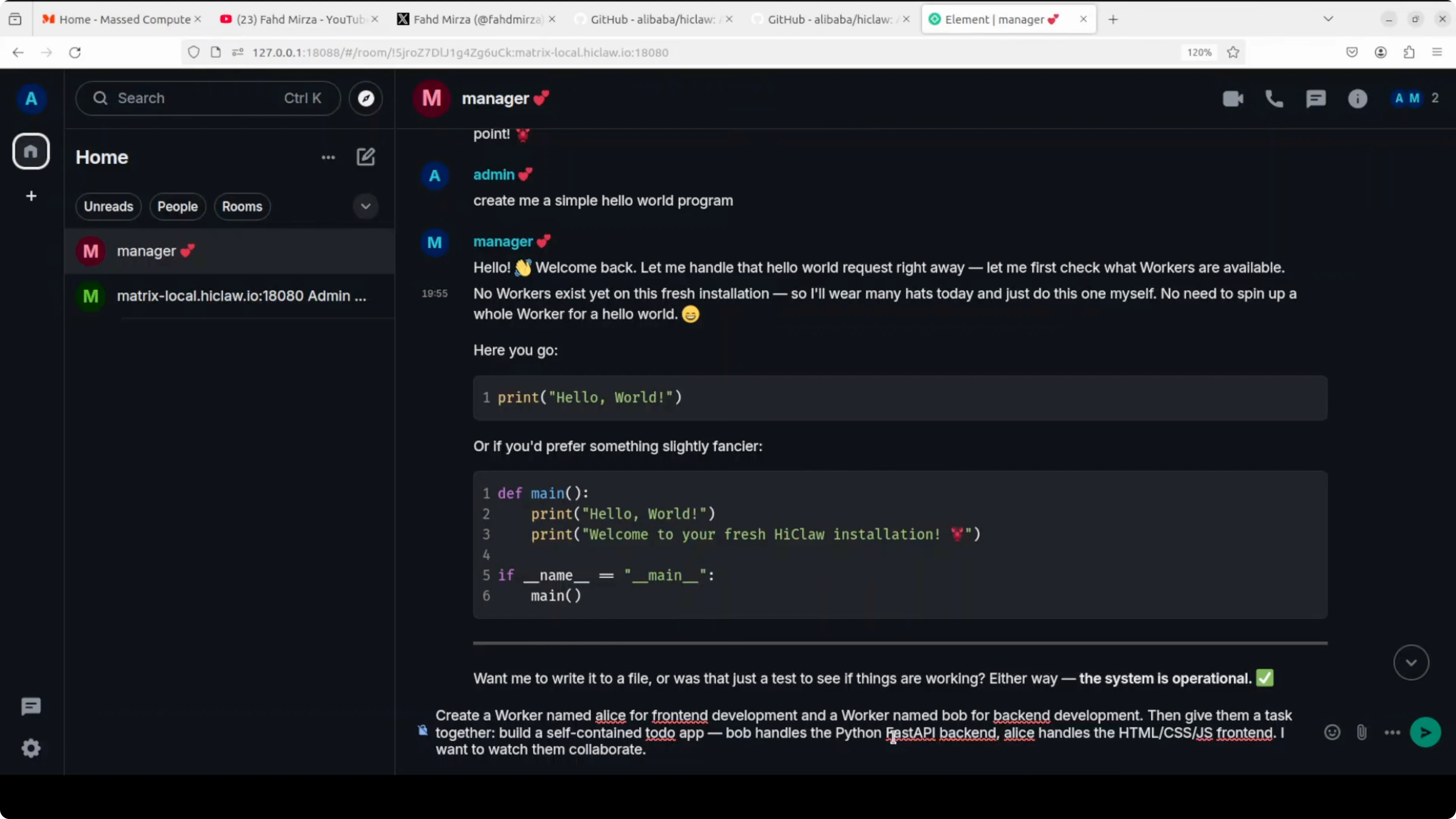 Creating workers Alice and Bob in HiClaw