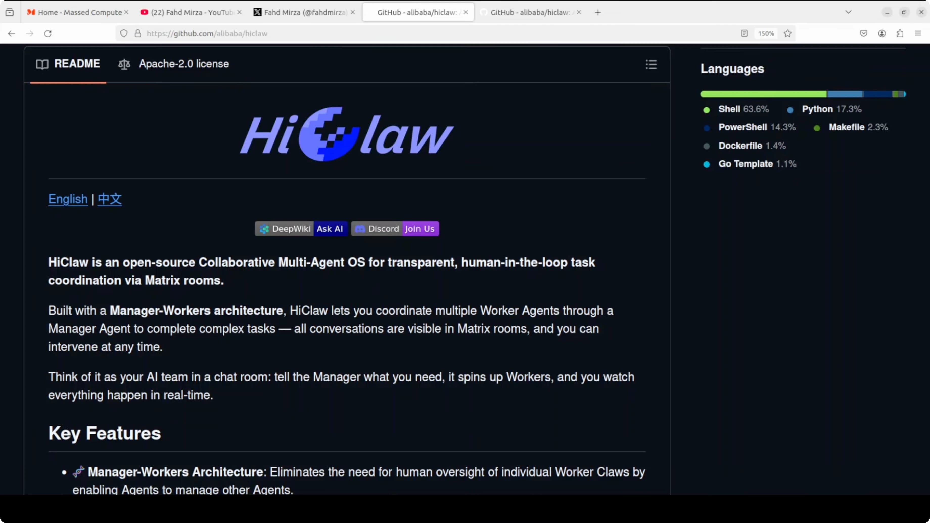 Architettura HiClaw con manager e worker agents