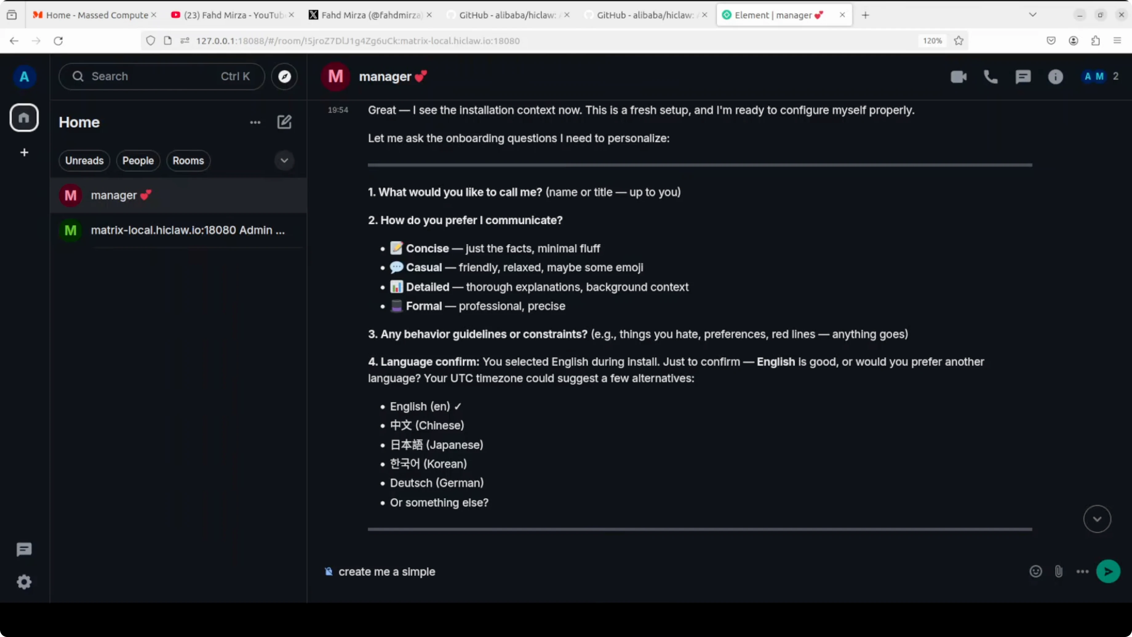 Test Hello World con HiClaw manager