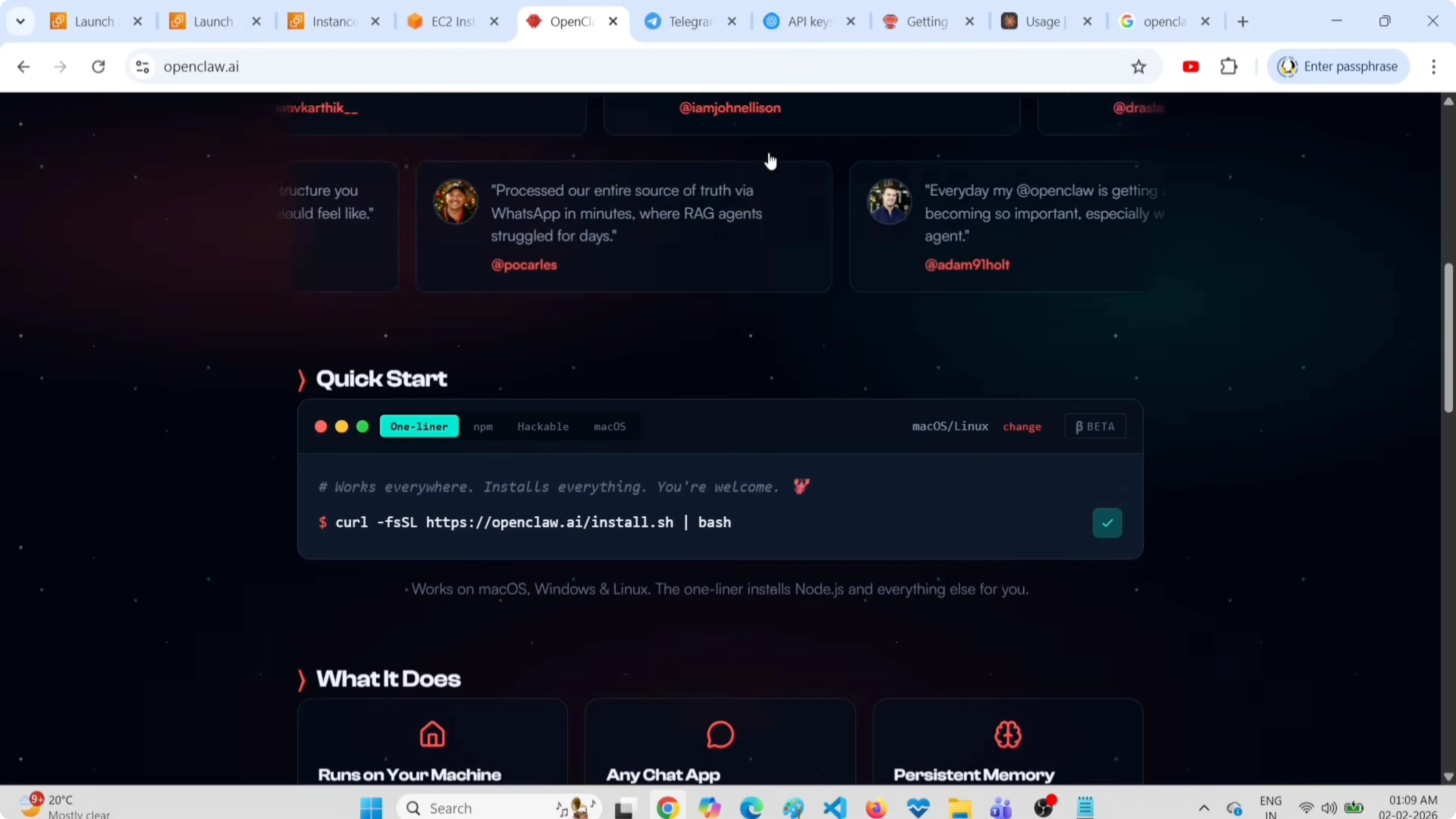 Esecuzione del comando di installazione di OpenClaw nel terminale EC2