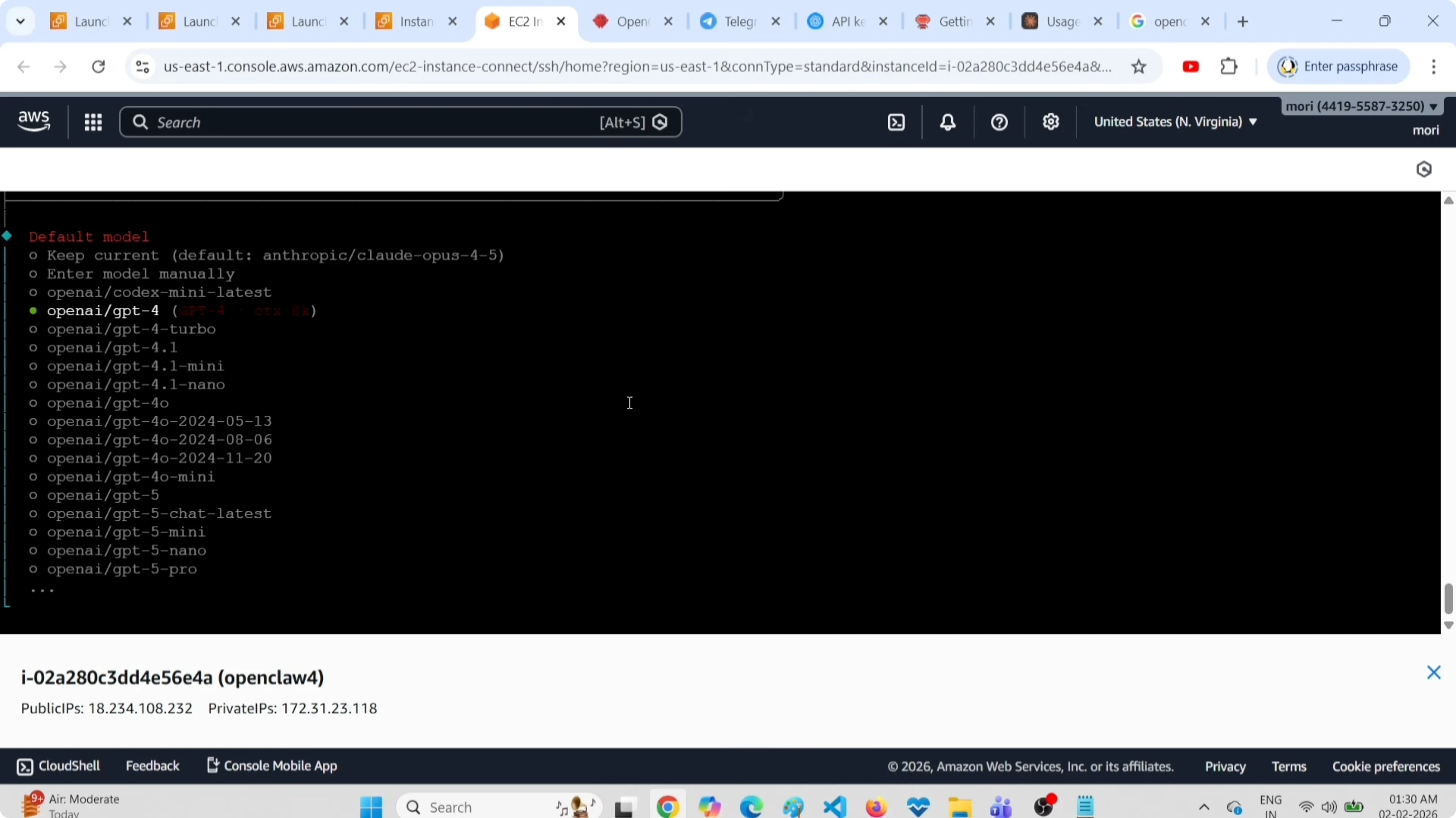 Selezione del modello GPT-4.1 mini dalla lista dei modelli disponibili