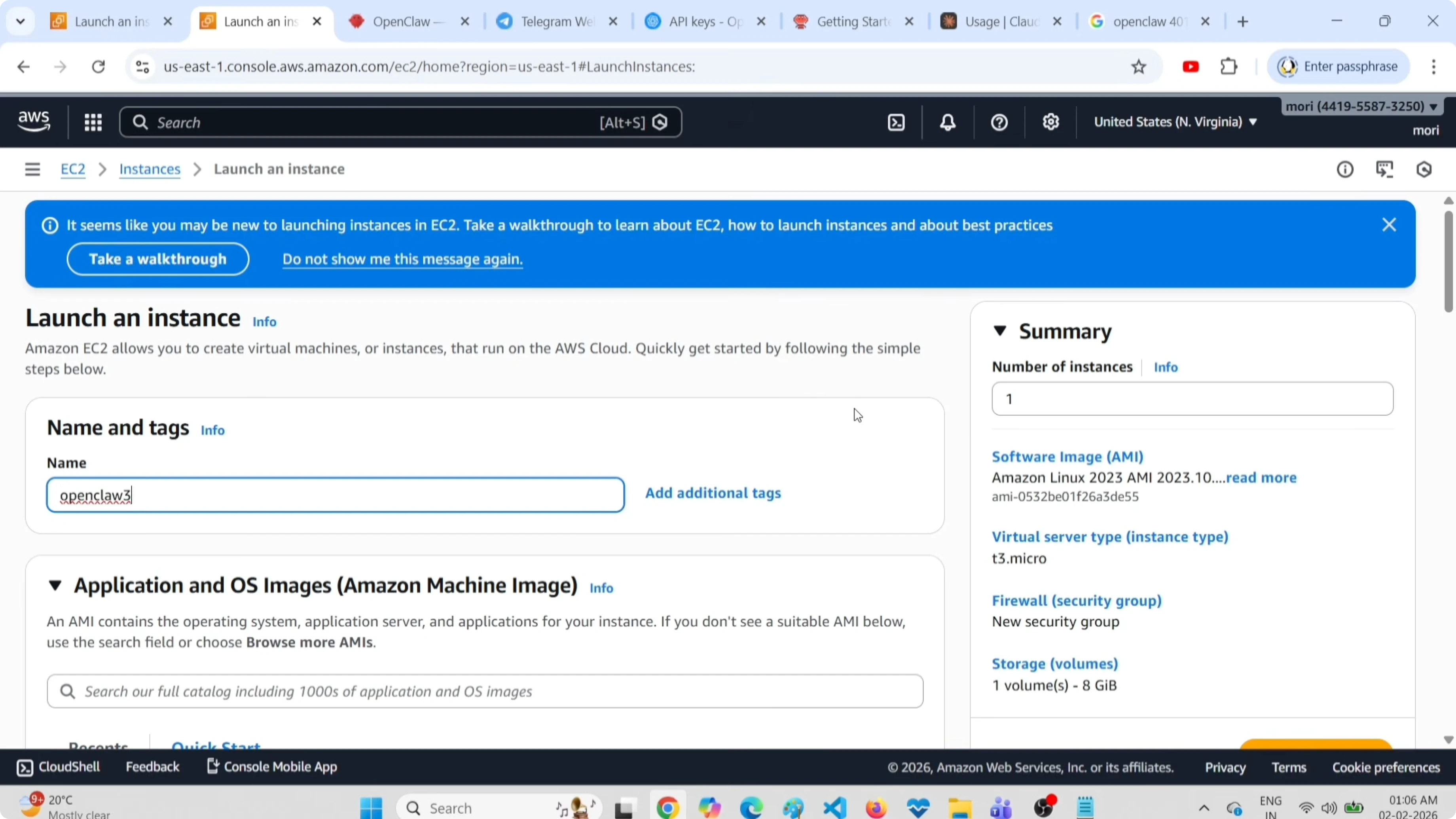 Configurazione key pair, security group e storage per l'istanza EC2