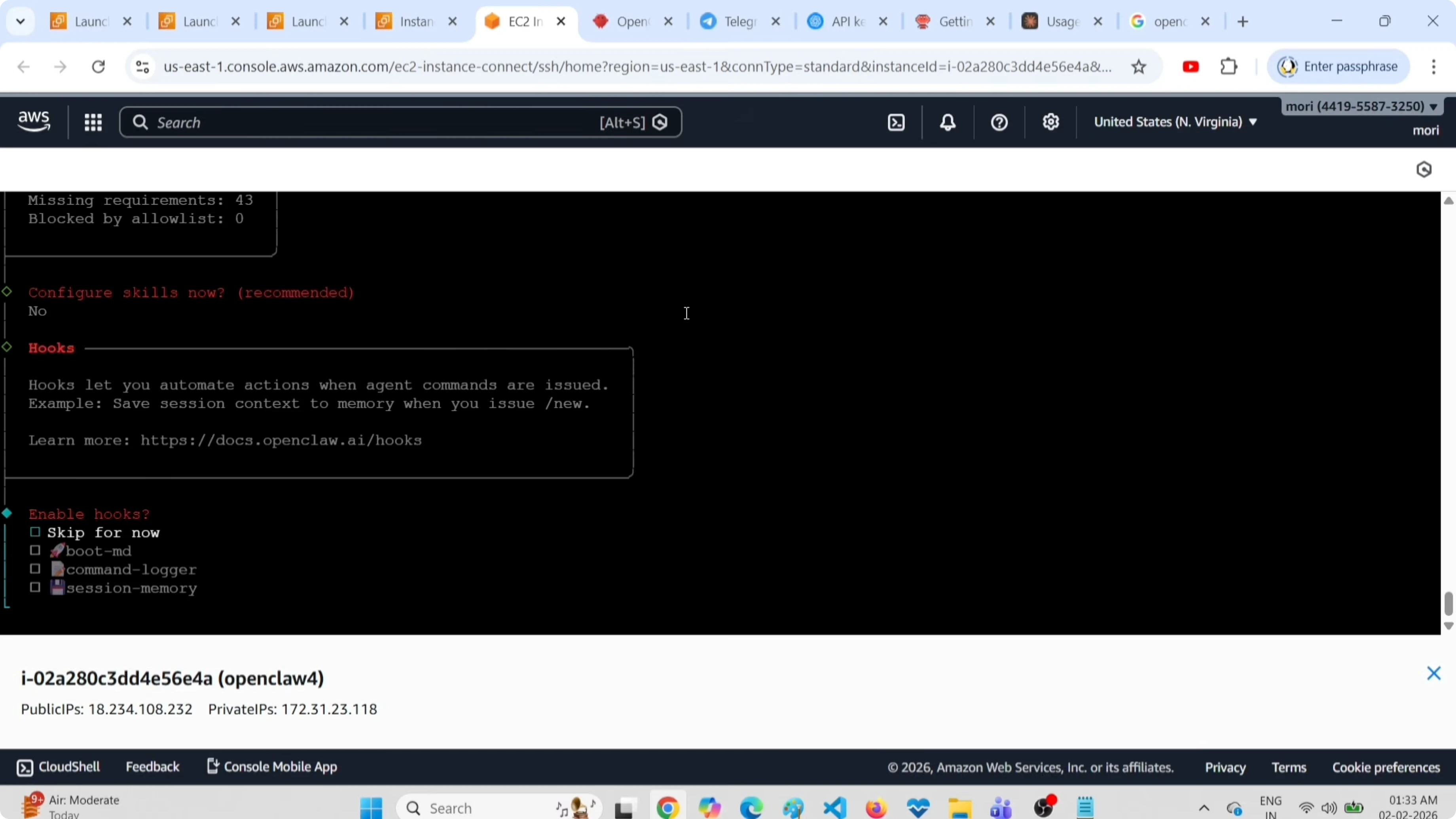 Selezione delle skill e avvio del servizio gateway OpenClaw