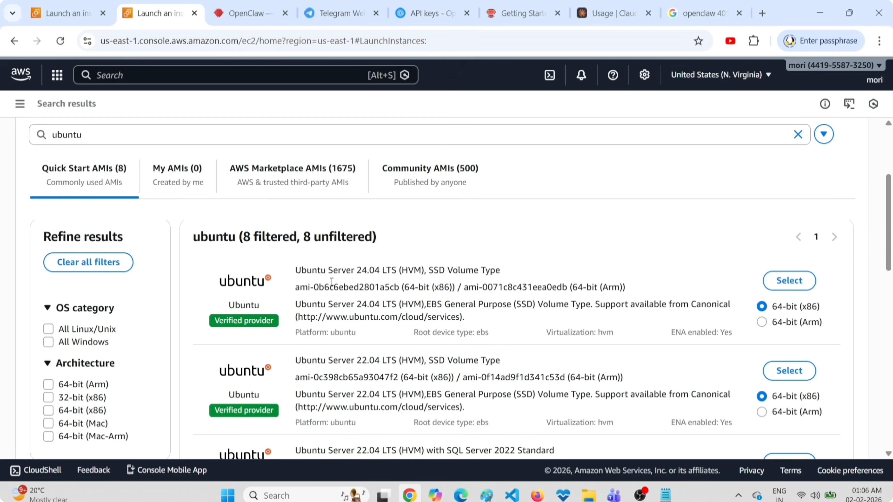 Schermata di creazione istanza EC2 con nome e selezione immagine Ubuntu