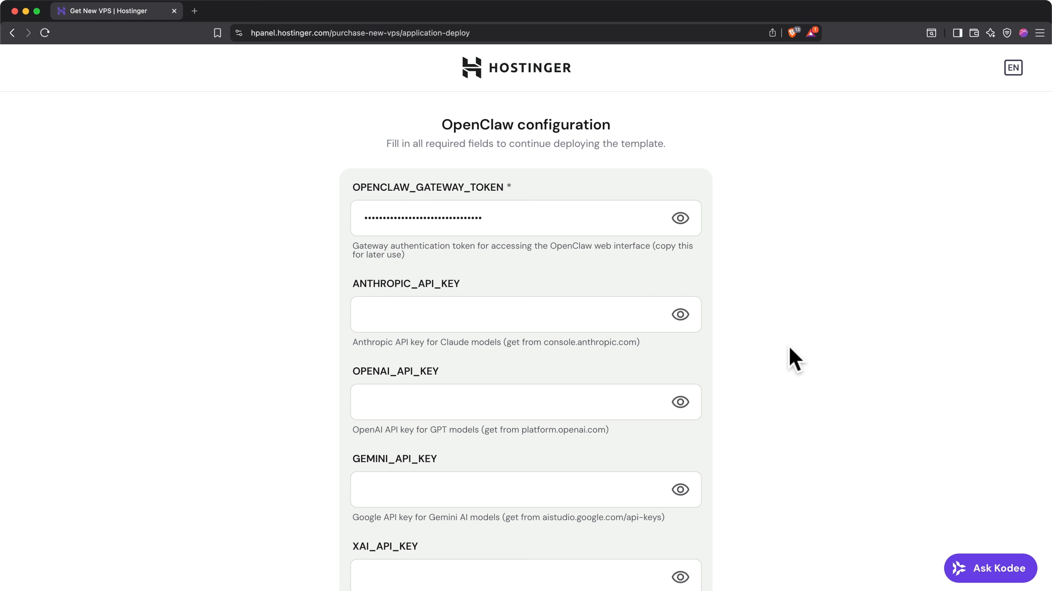 Pagina di configurazione OpenClaw con campi API