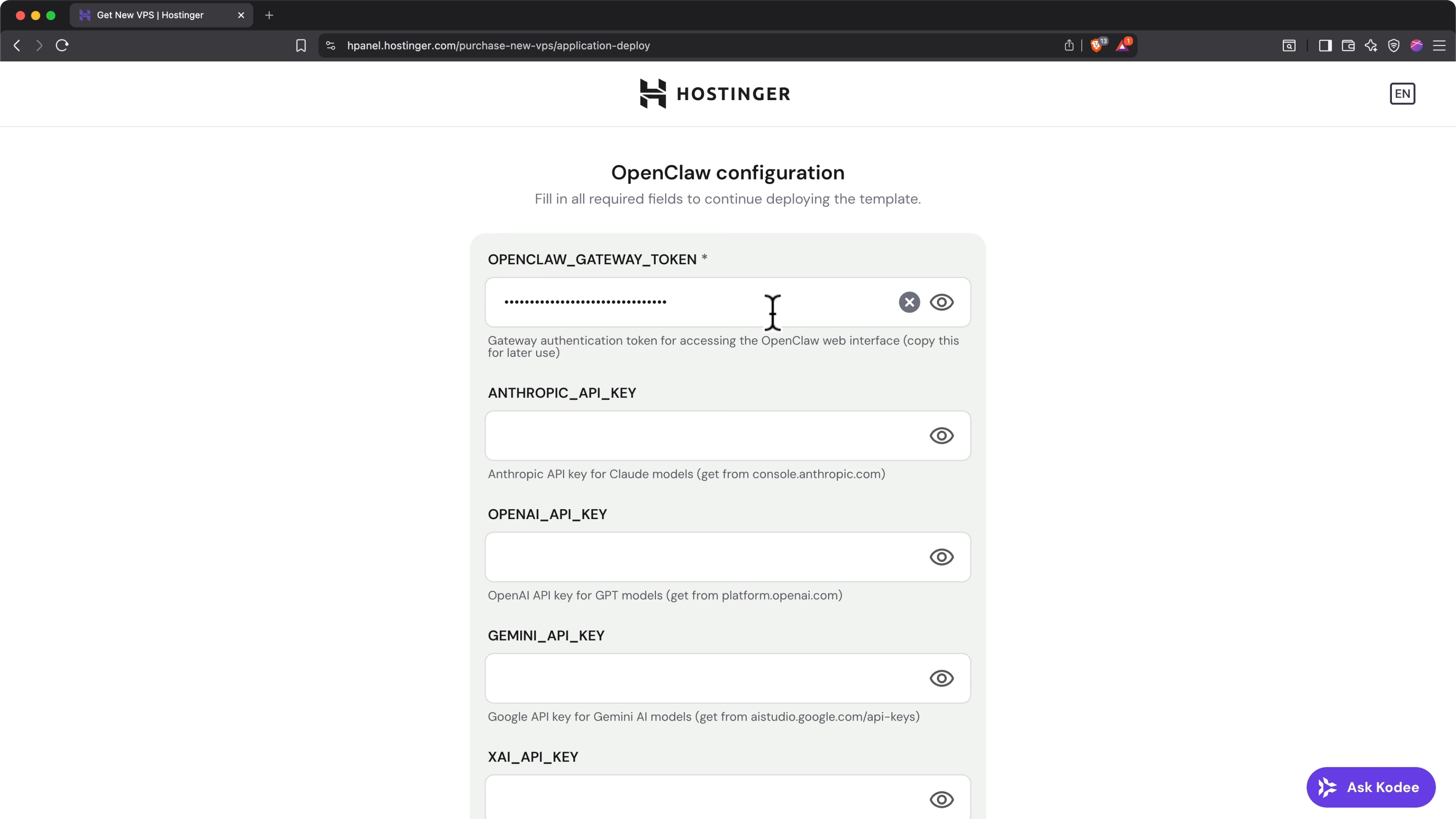 Campo Gateway Token con icona per rivelare la password