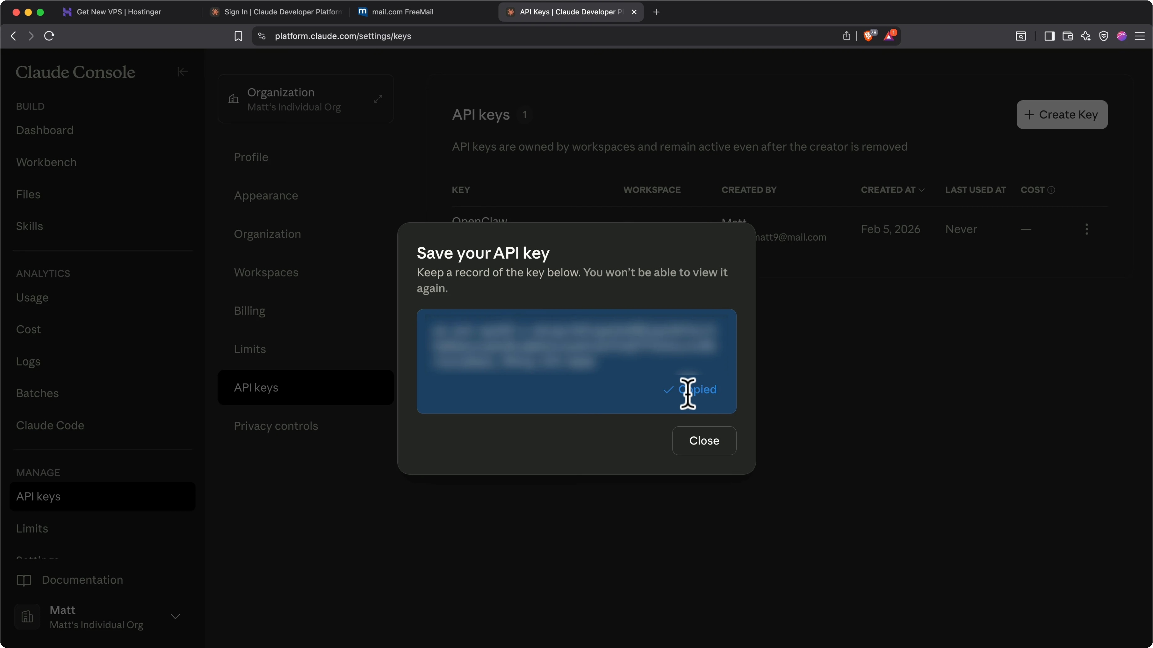 Processo di creazione API key su Anthropic Claude