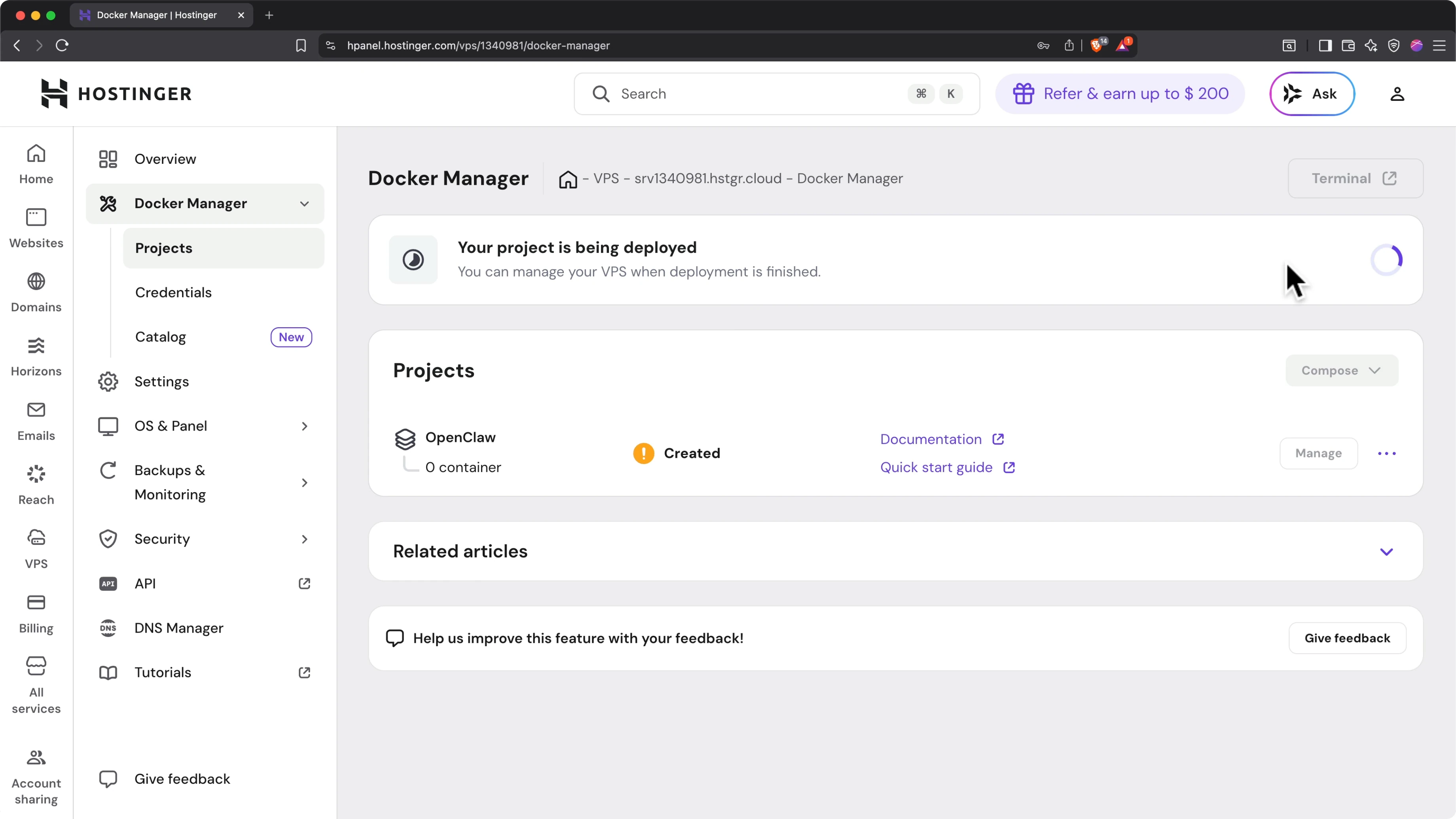 Docker Manager che mostra il deploy in corso