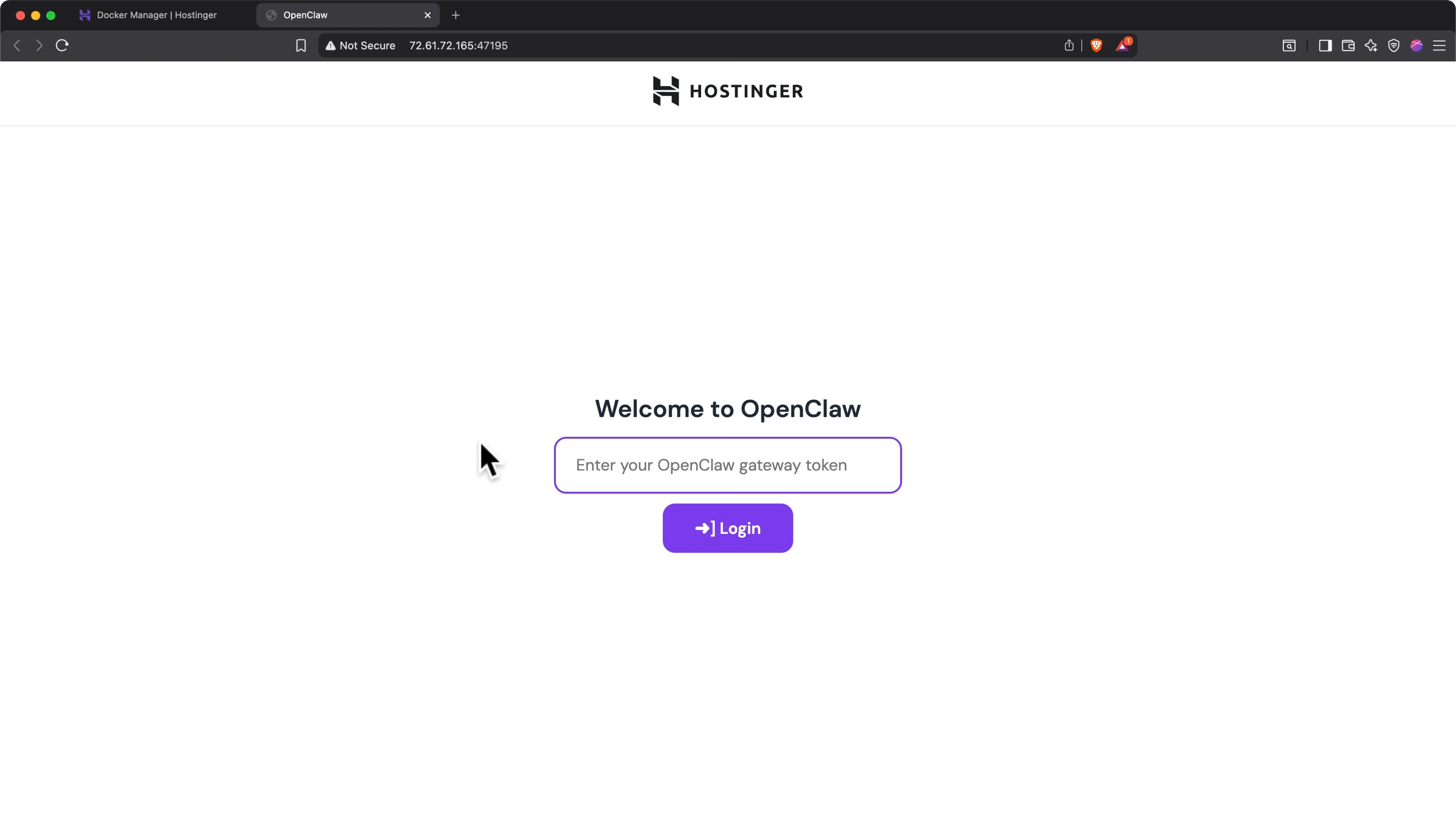 Schermata di login dashboard OpenClaw