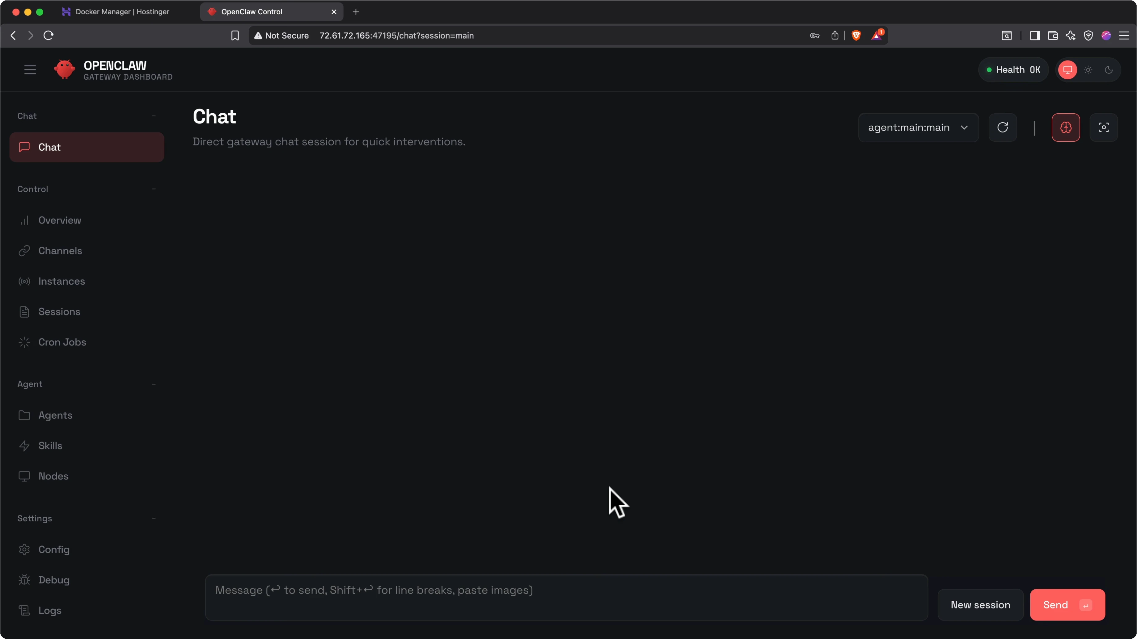Dashboard OpenClaw con stato Connected