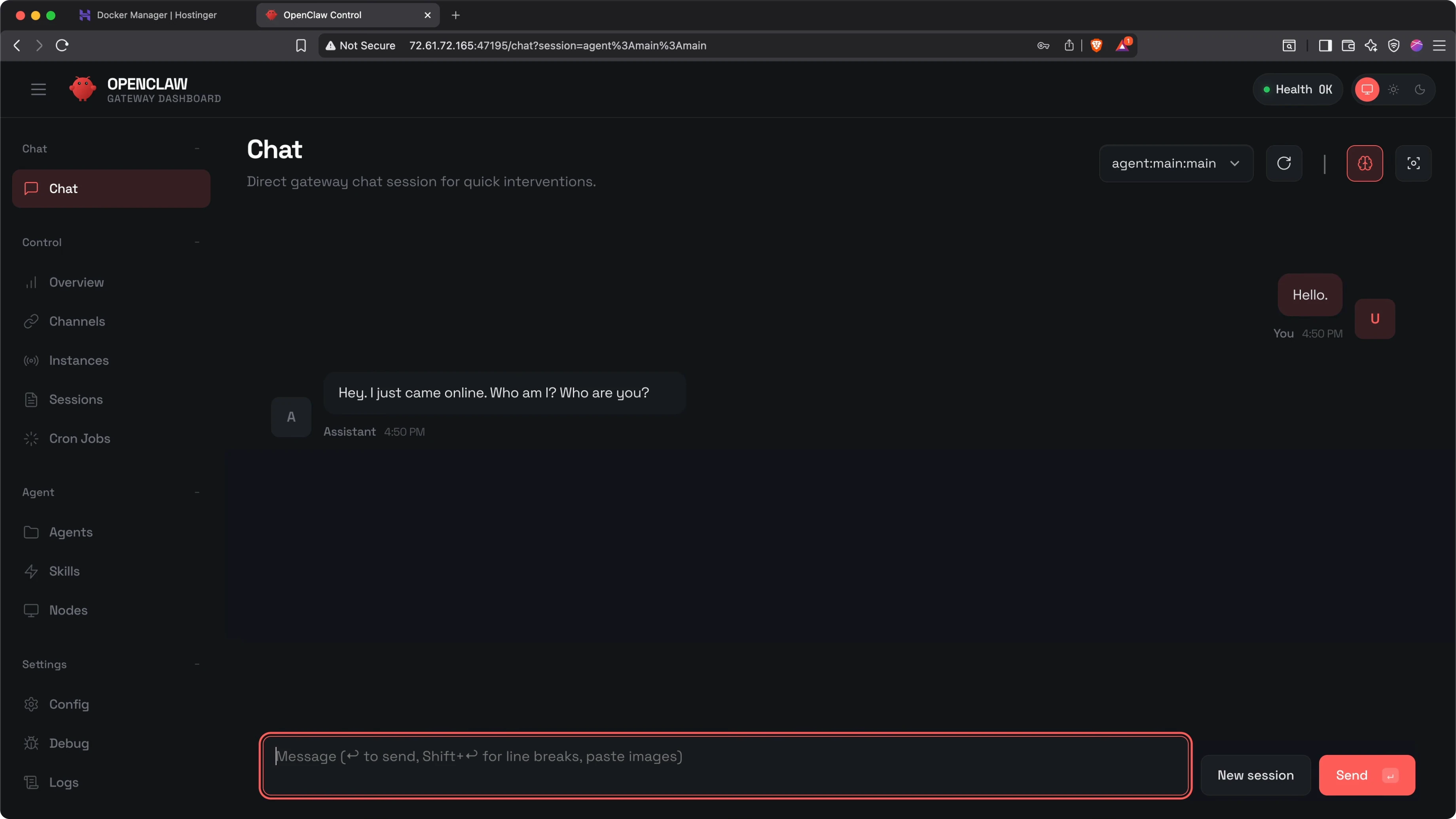 Chat di onboarding OpenClaw che chiede nome e ruolo