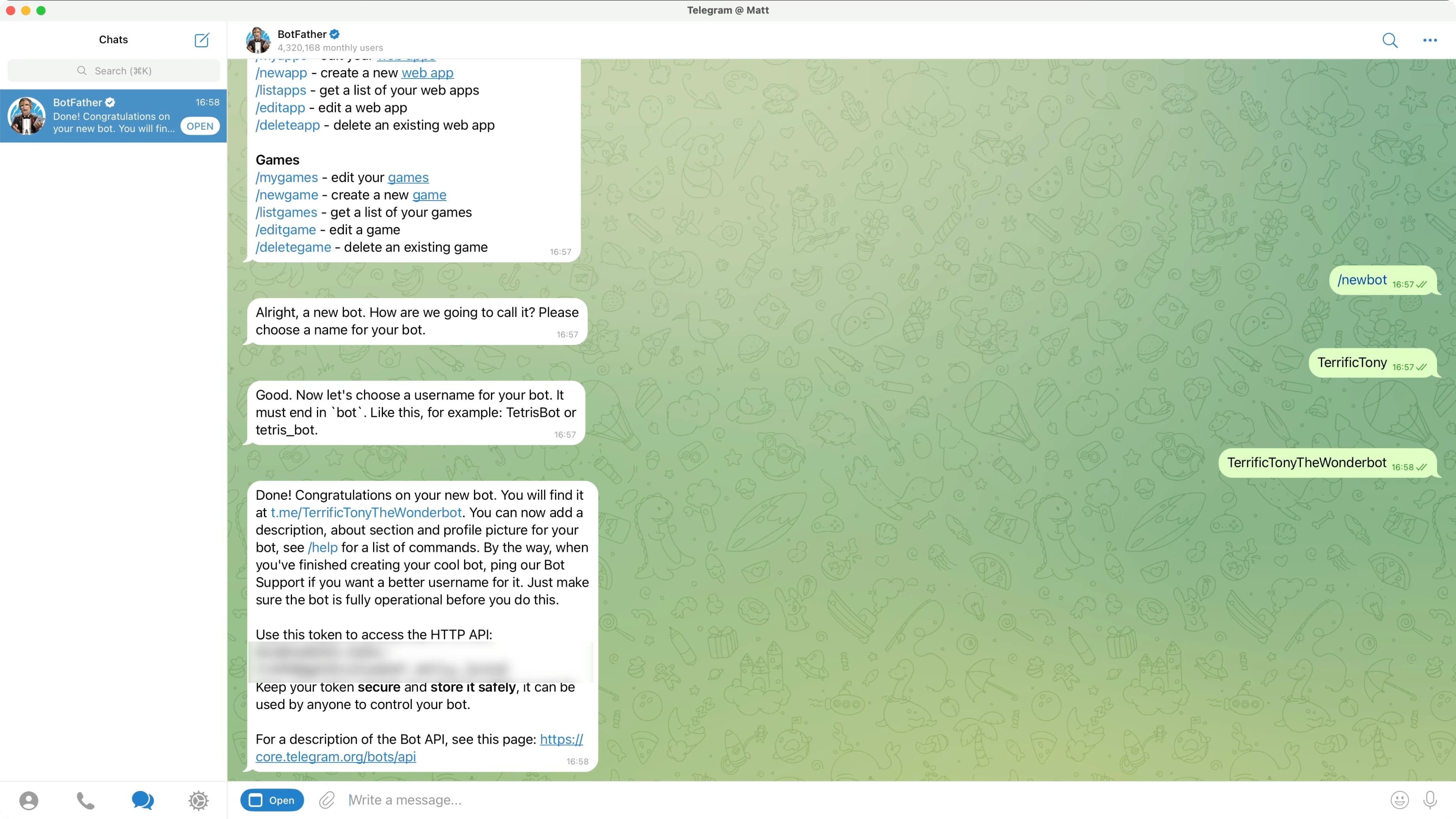 Messaggio di conferma connessione Telegram