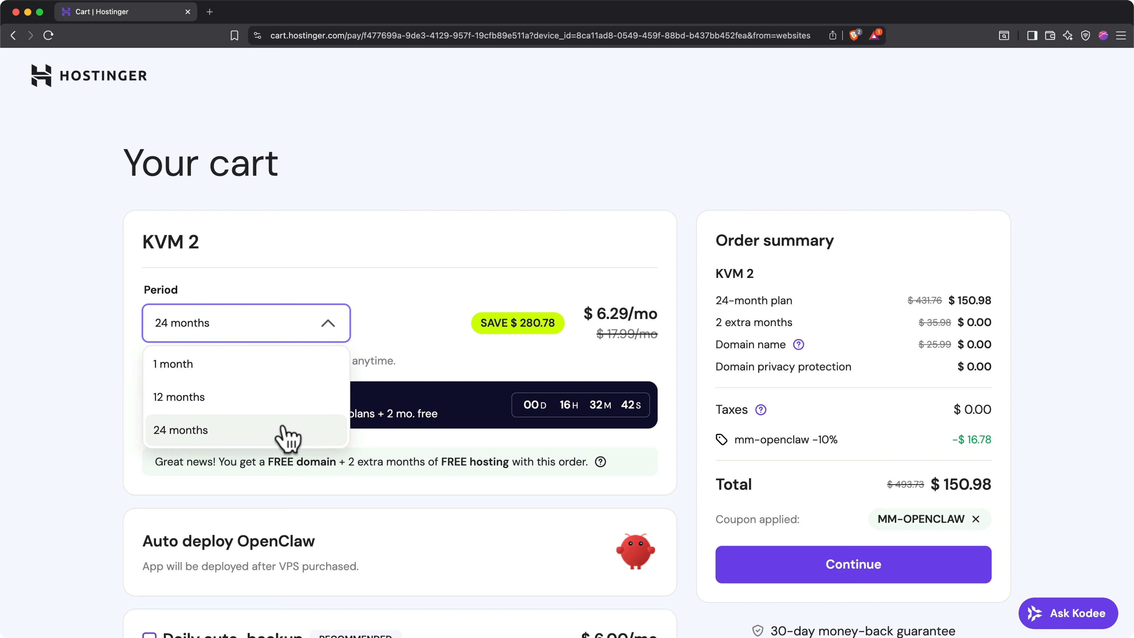 Pagina di deploy OpenClaw su Hostinger