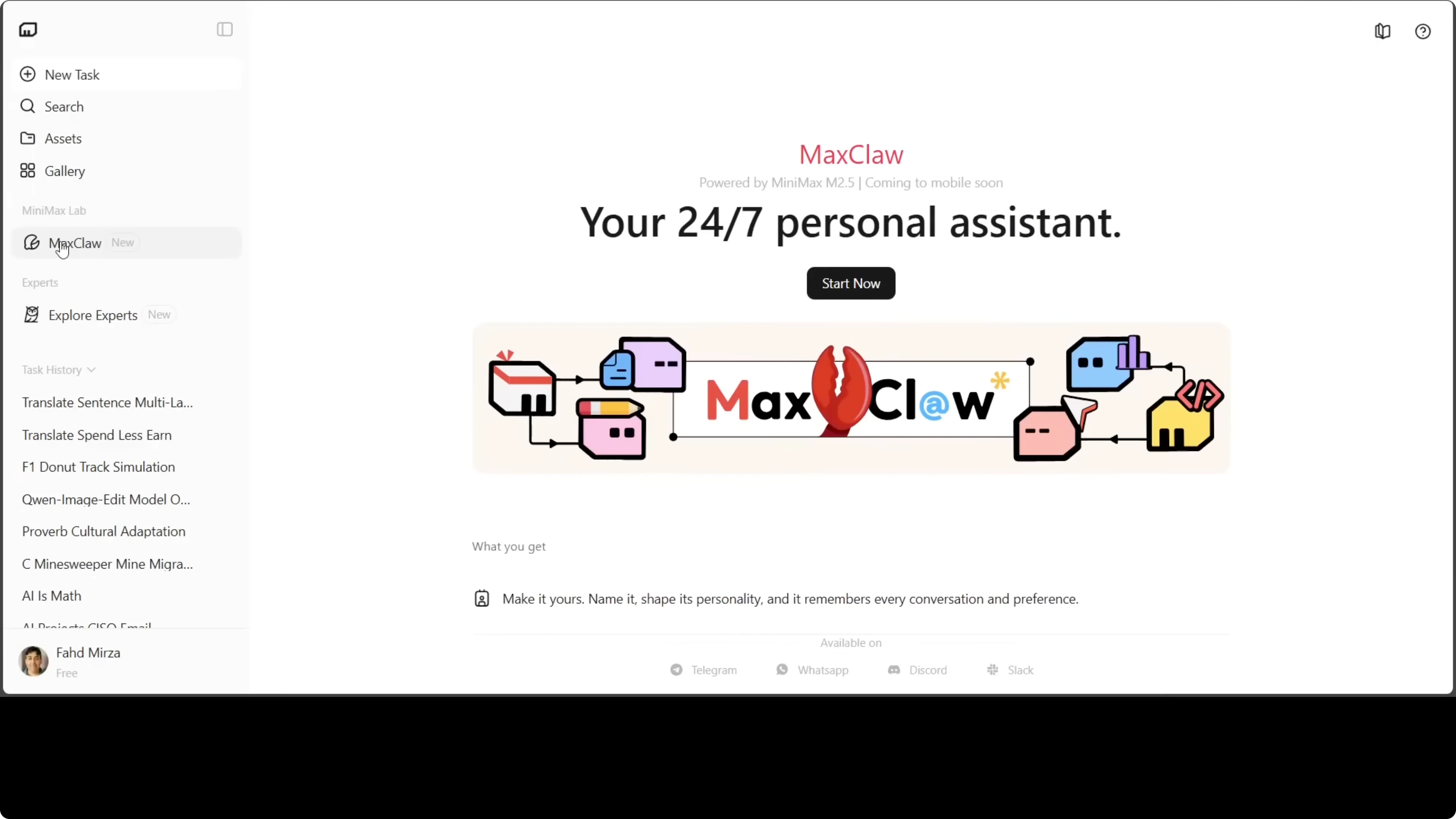 Avvio di MaxClaw su agent.minimax.io