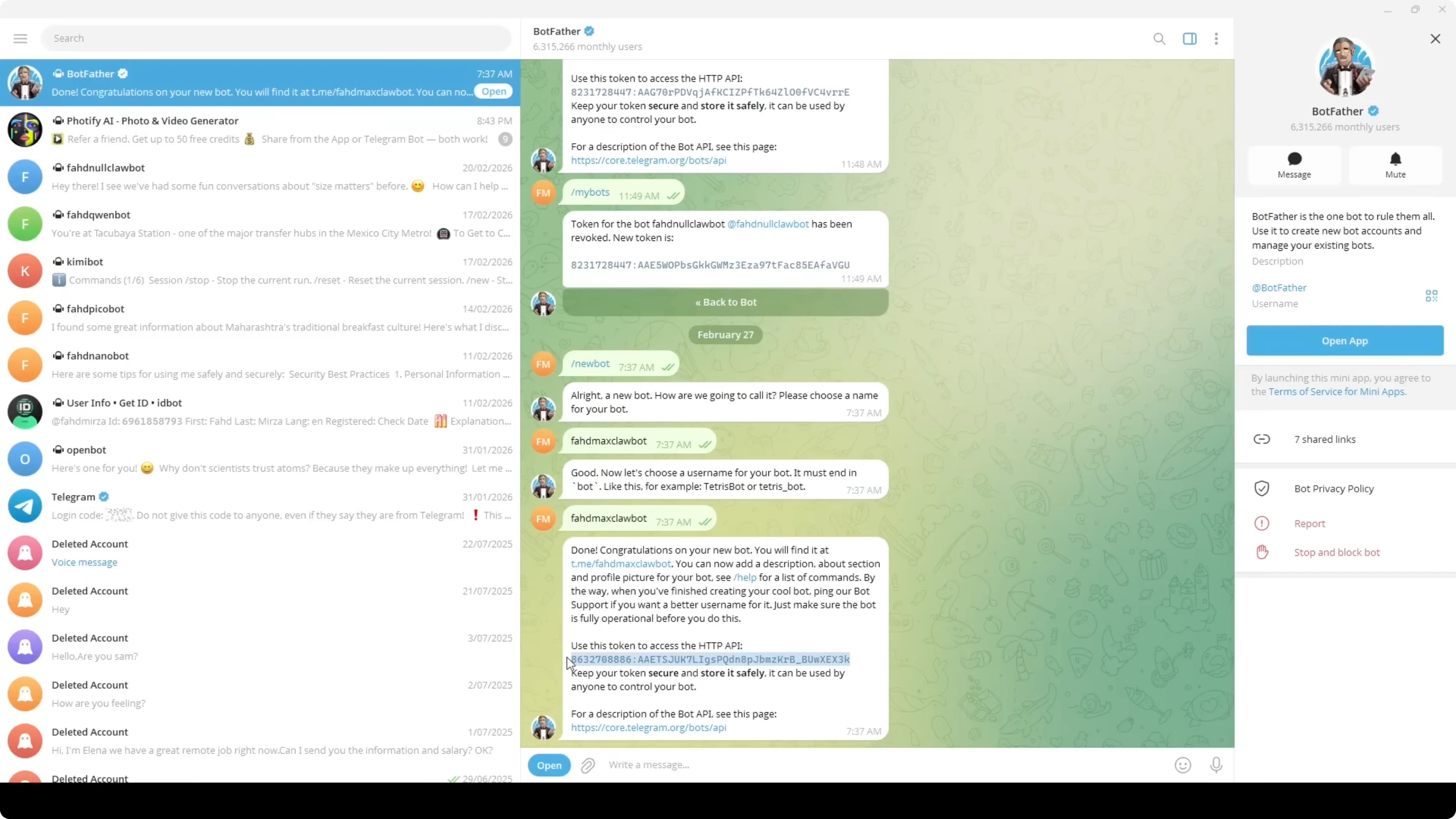 Telegram bot connected to MaxClaw - BotFather configuration complete