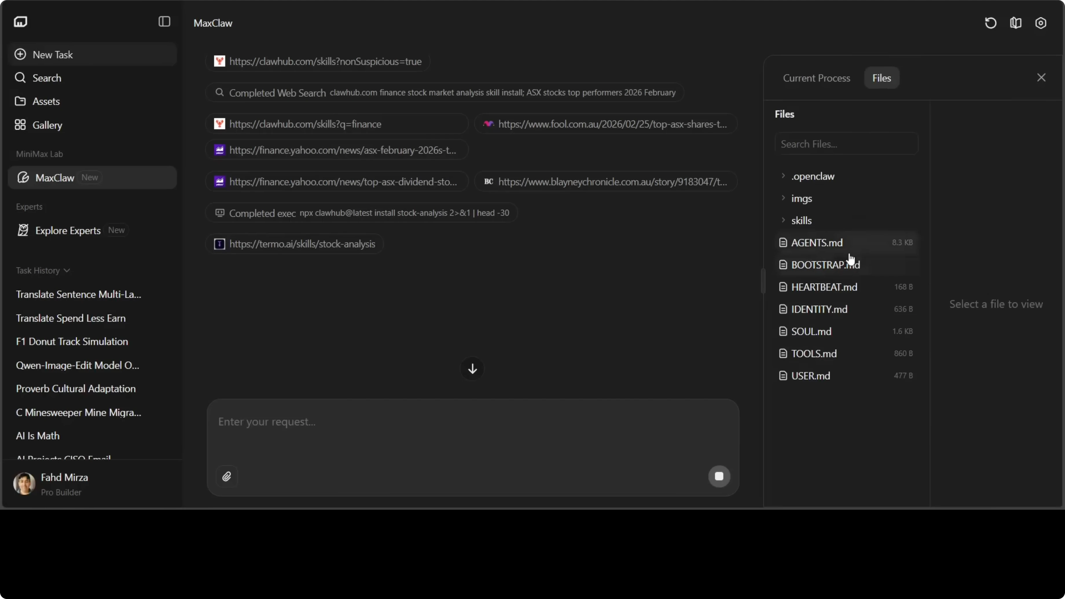 Sezione Files in MaxClaw - configurazione e memoria dell'agente