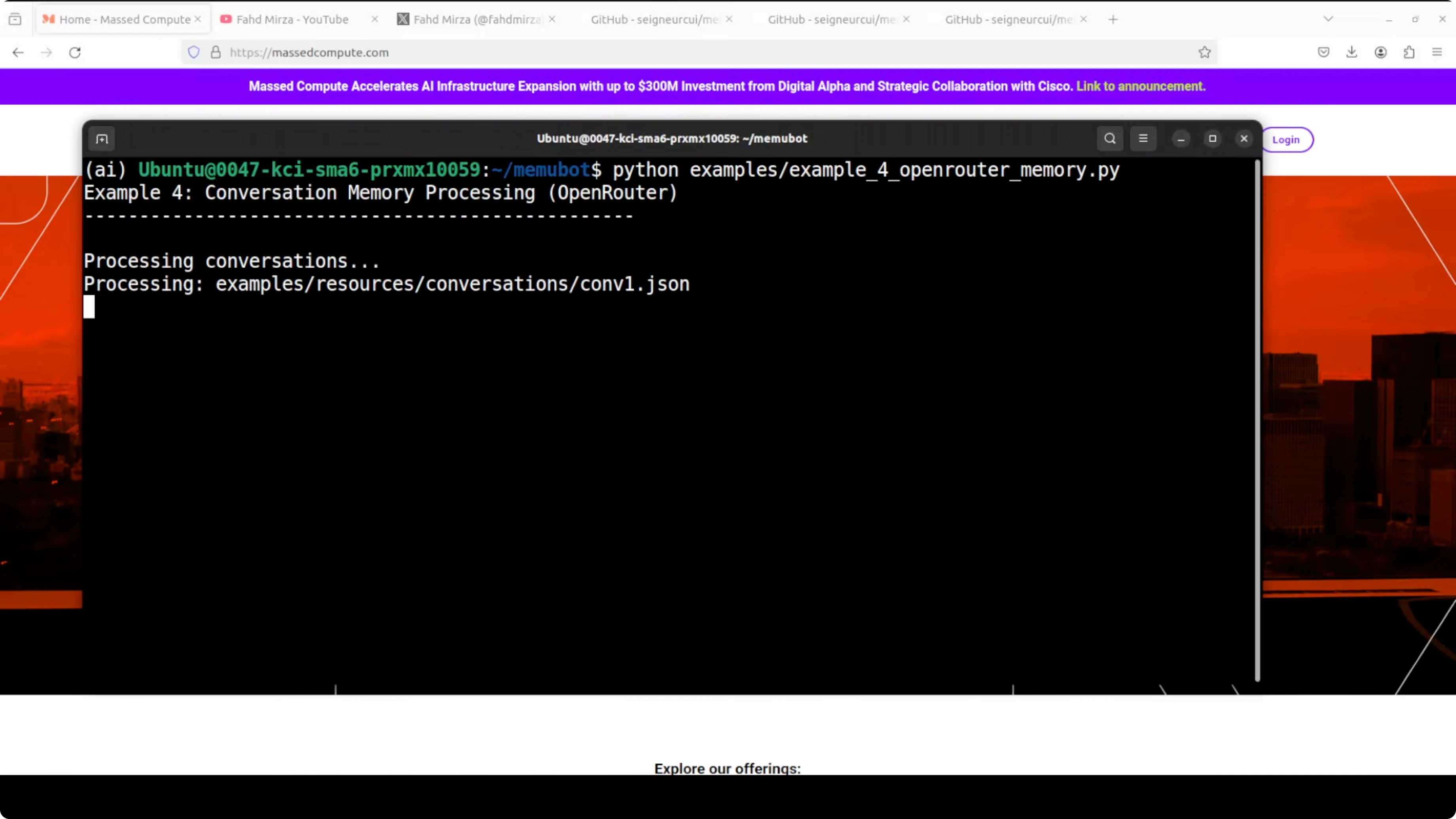 Esempio di memUbot con OpenRouter che processa conversazioni ed estrae memoria