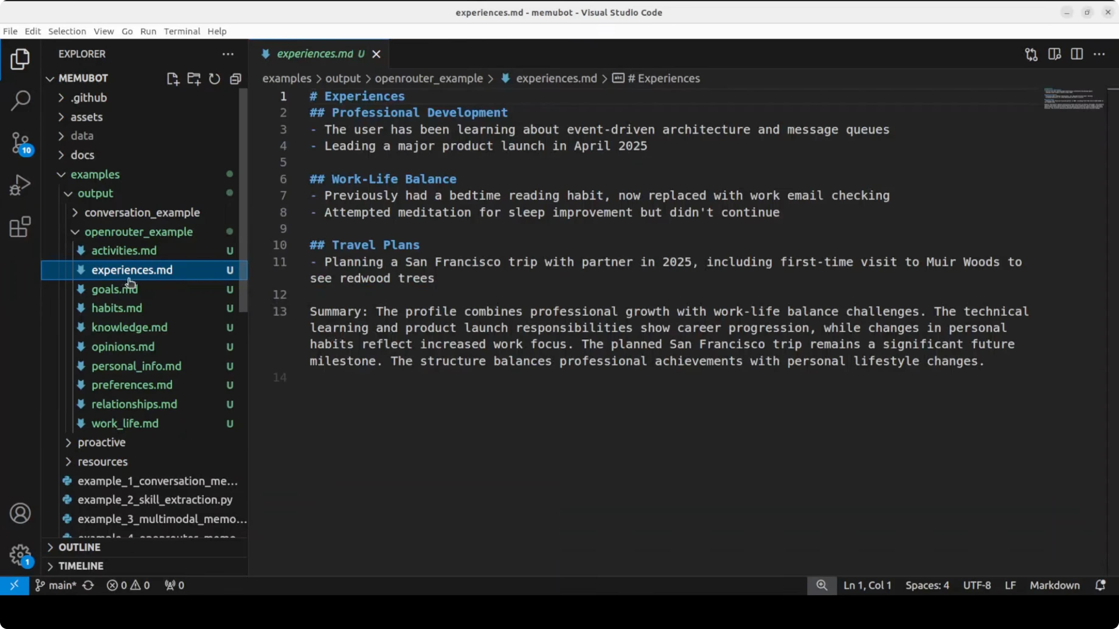 Output strutturato di memUbot con 29 elementi di memoria organizzati in 10 categorie