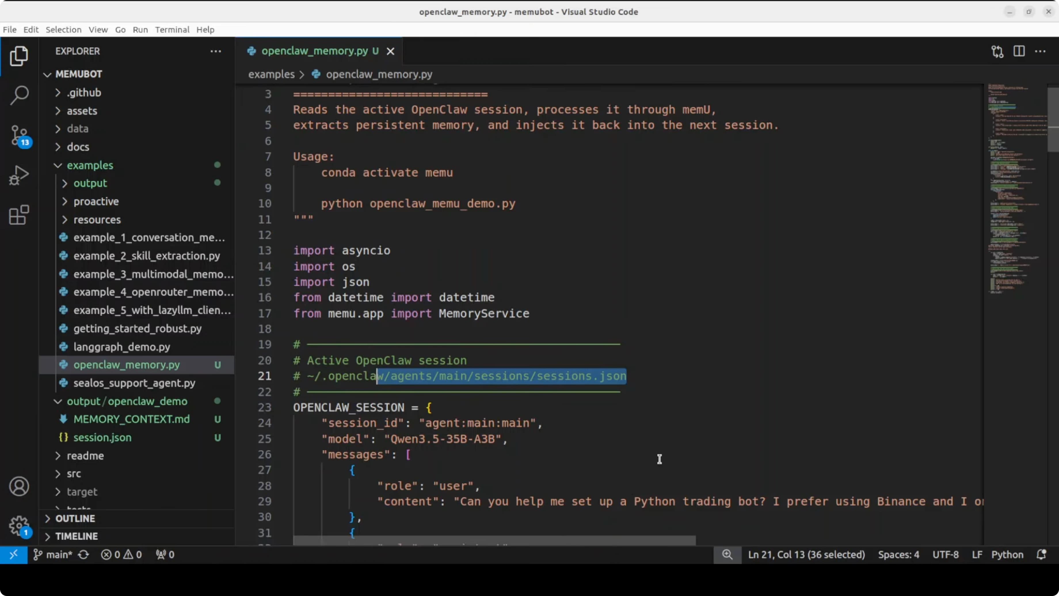 Codice di integrazione tra OpenClaw e memUbot con configurazione della sessione