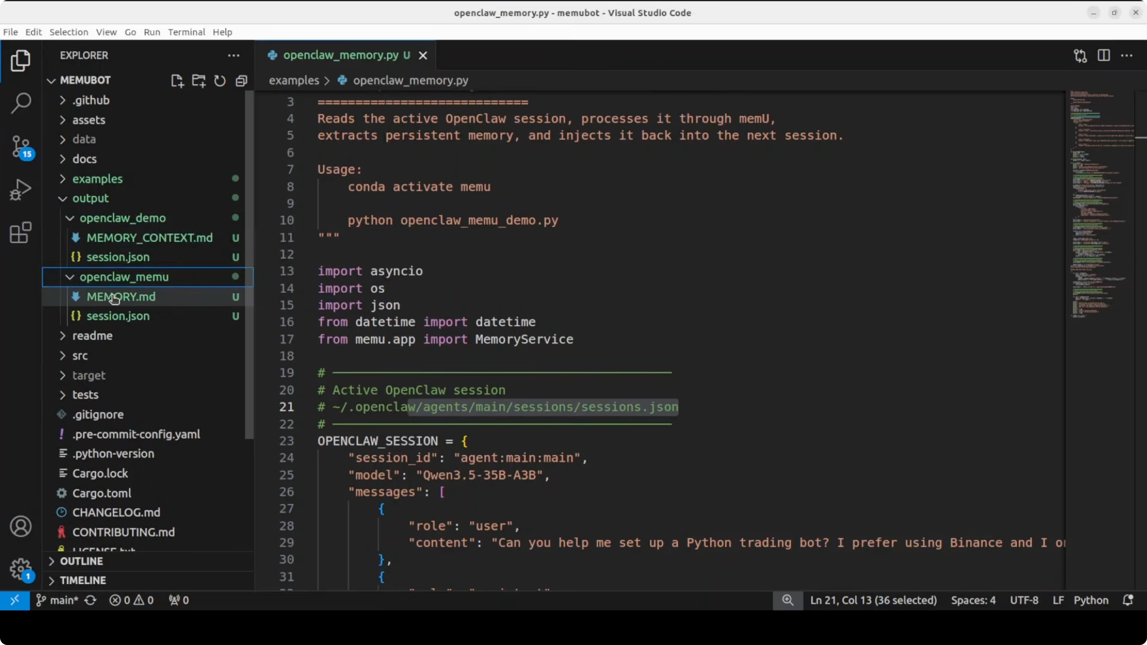 Risultato dell'integrazione OpenClaw con elementi di memoria estratti e file memory.md generato
