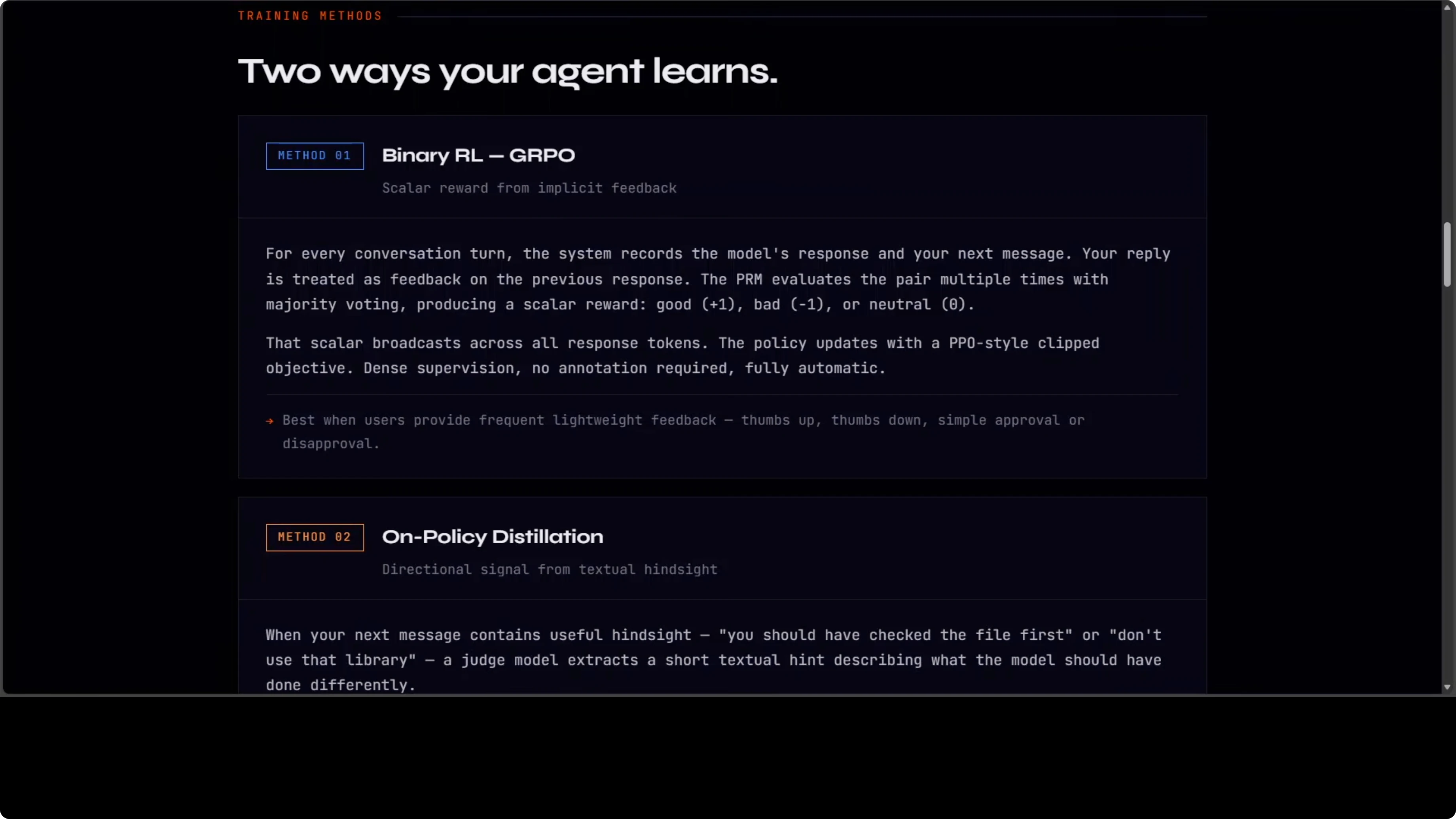 Training methods: binary RL with GRPO + PPO and directional hints from feedback