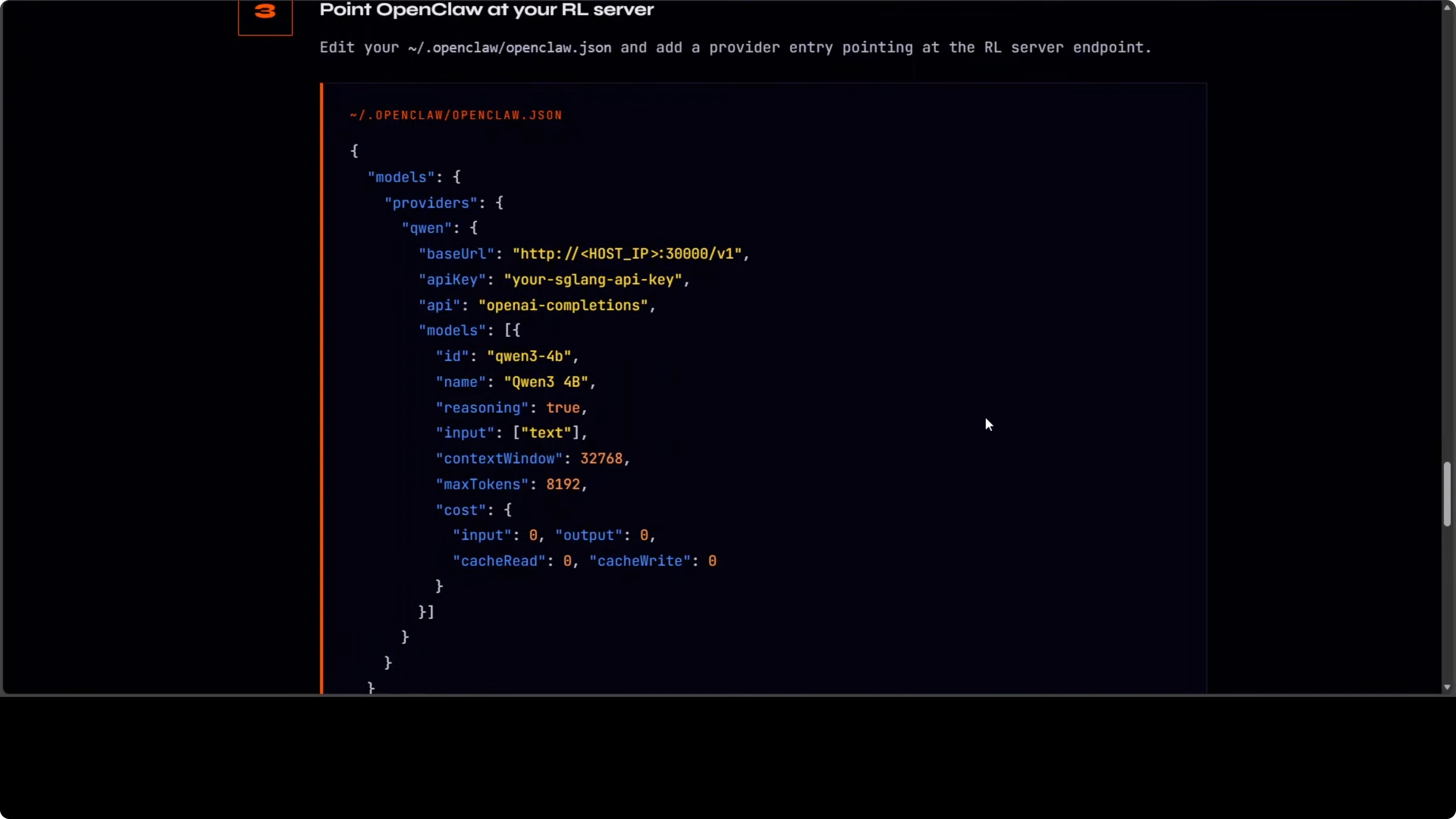Configurazione JSON OpenClaw che punta al server RL su localhost:30000