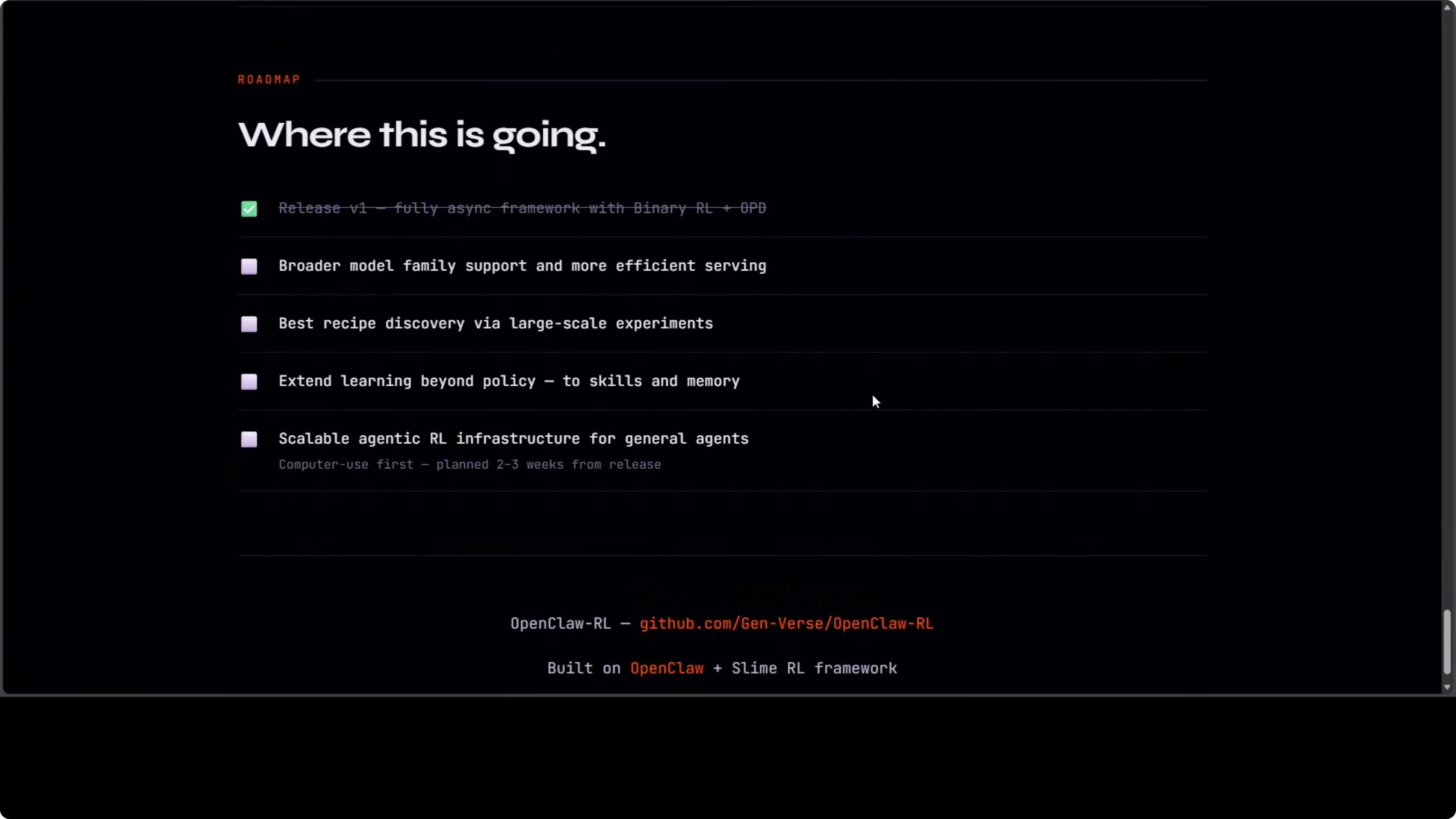 Roadmap showing personal agent optimization and general agentic RL infrastructure tracks