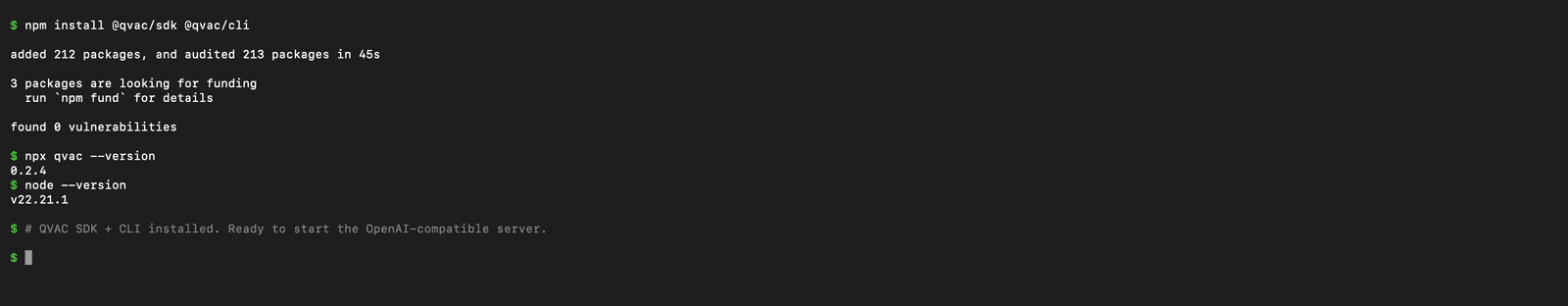 QVAC OpenAI compatible server install output - npm install @qvac/sdk @qvac/cli succeeding