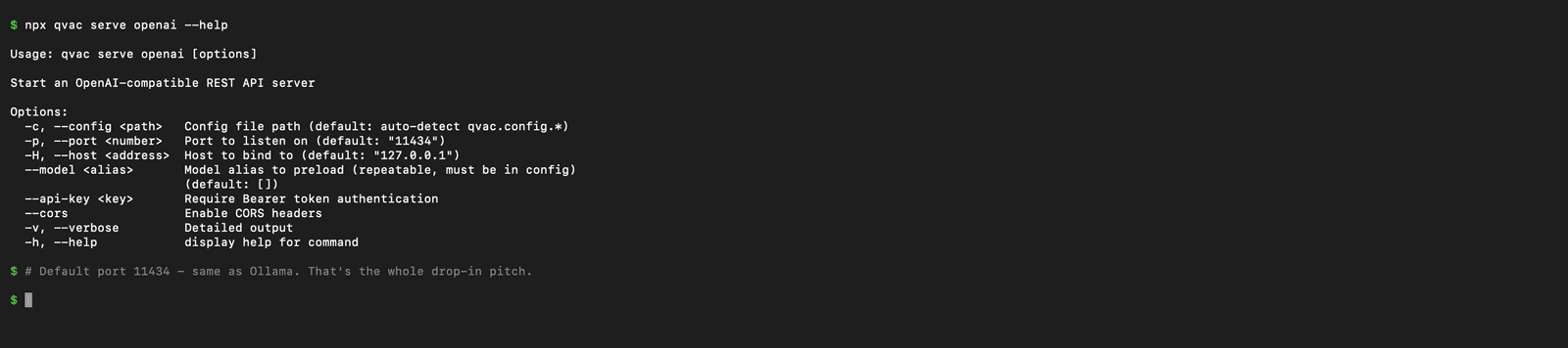 qvac serve openai --help output showing port 11434 default, model alias, CORS, and api-key flags