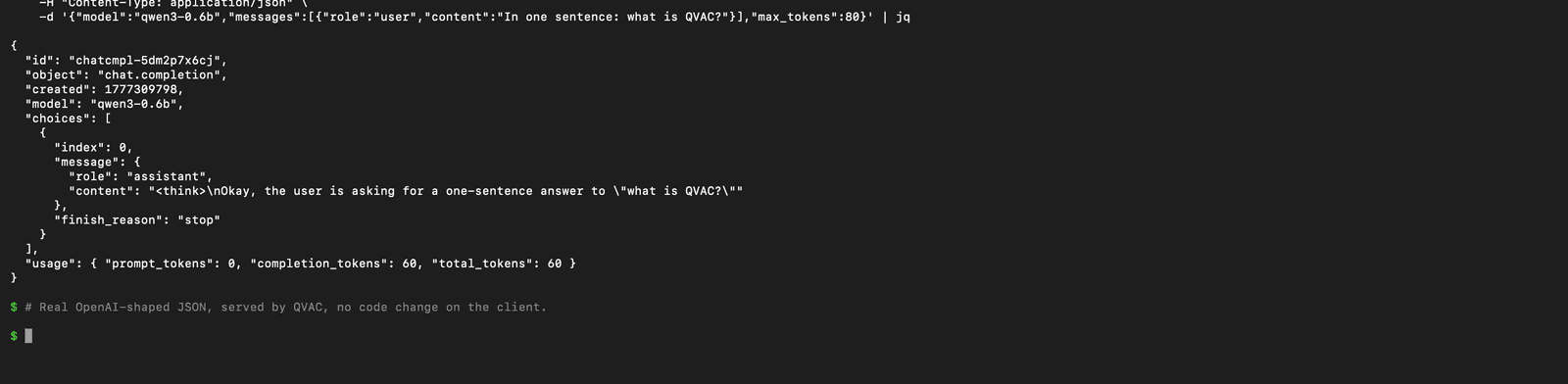 Il server OpenAI compatibile di QVAC che ritorna un oggetto chat.completion JSON reale