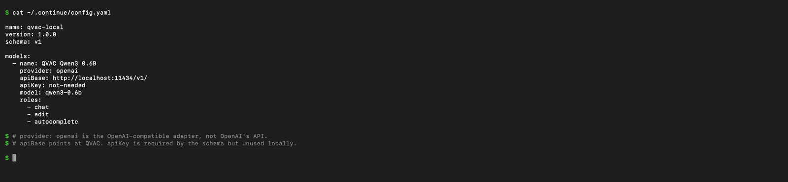 Continue.dev config.yaml pointing at QVAC's OpenAI compatible server on localhost 11434