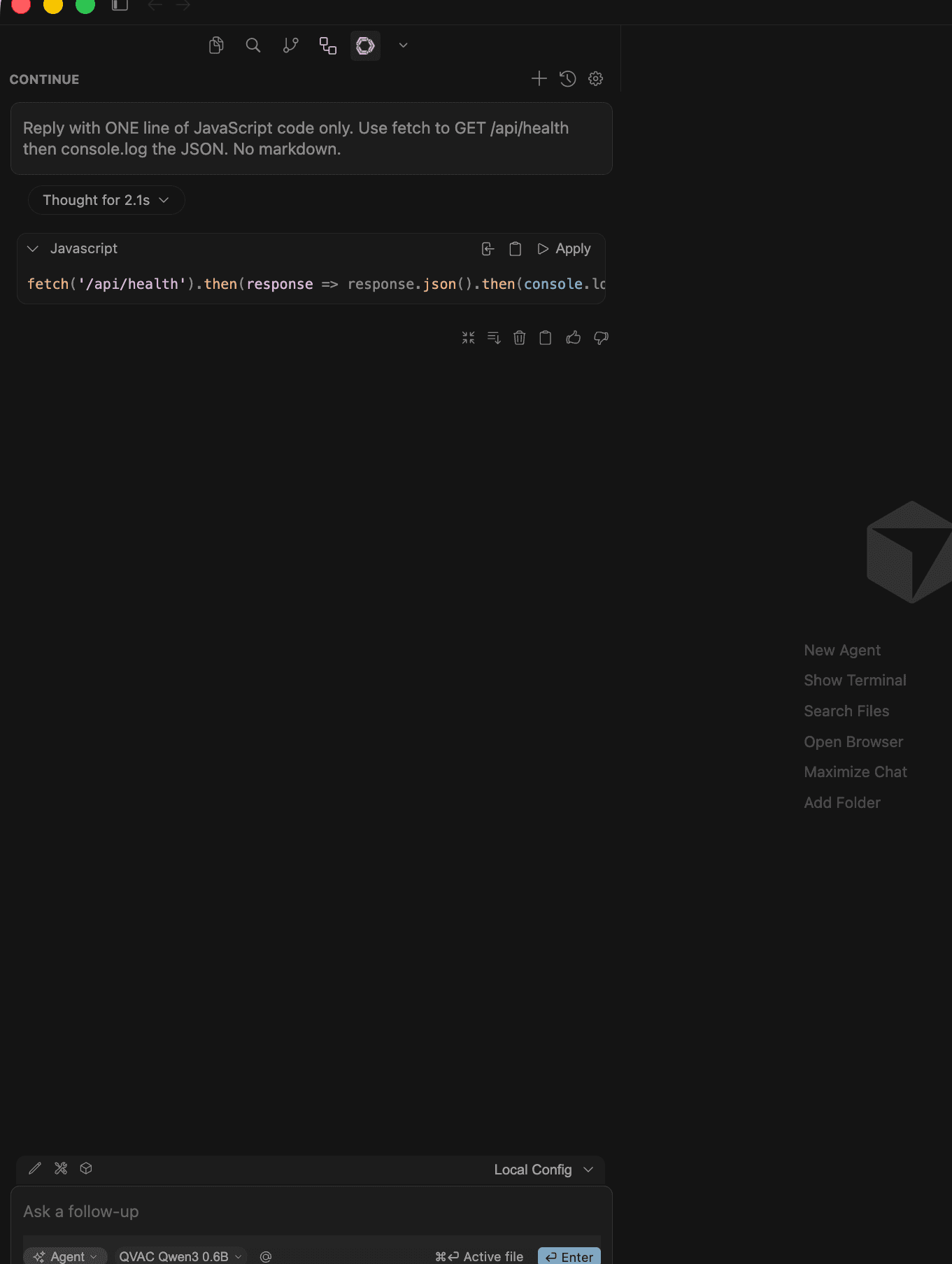 La side panel di Continue.dev in Cursor mentre chatta con QVAC Qwen3 0.6B - one-liner fetch streammato da localhost 11434