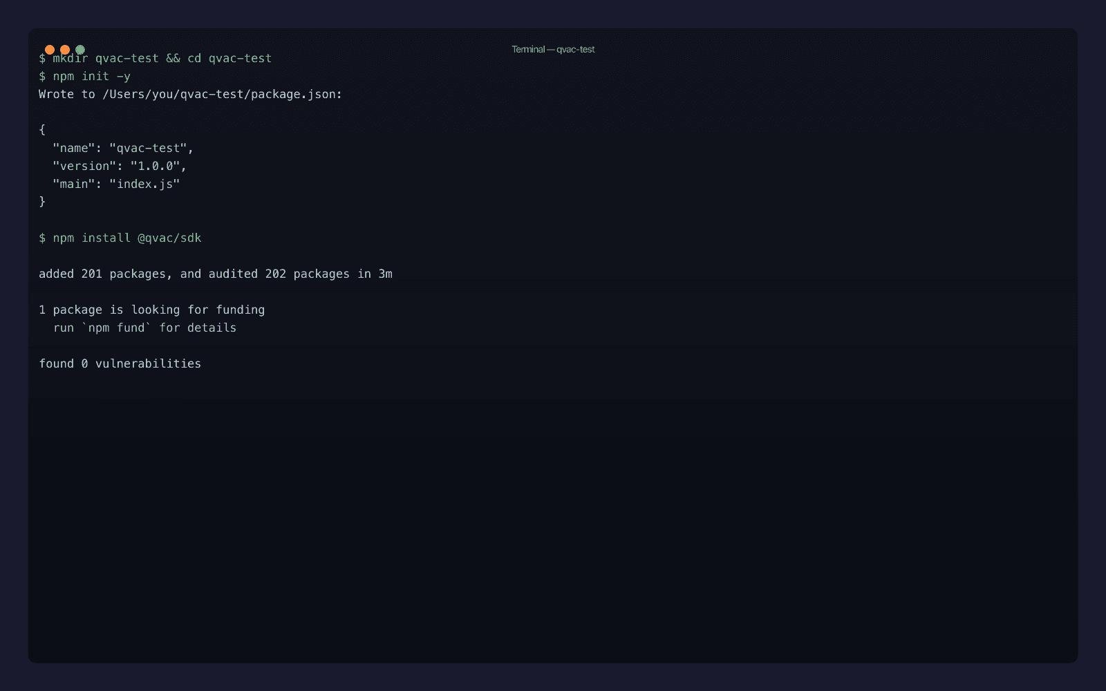 QVAC SDK install completing in a fresh sandbox directory on macOS