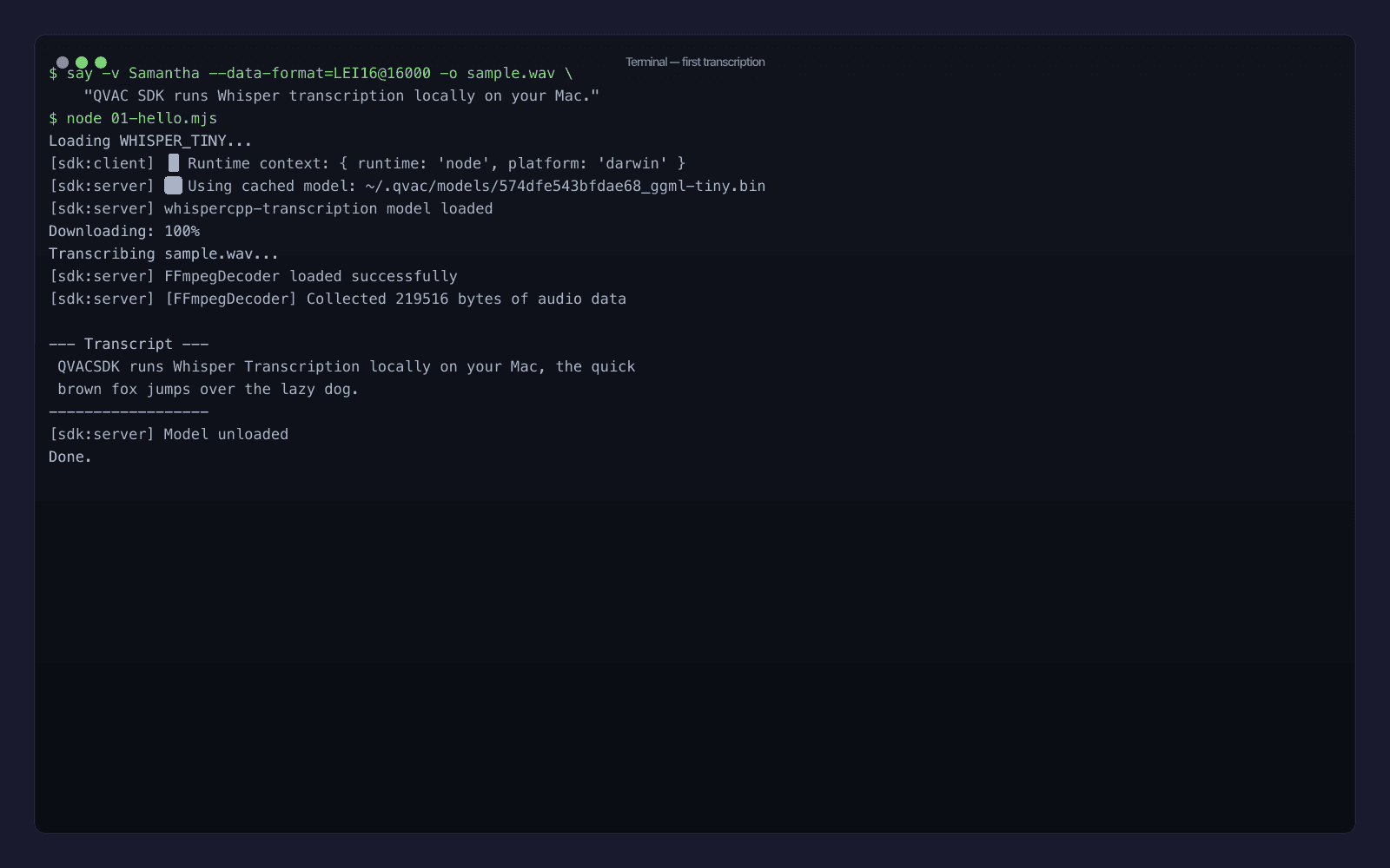 Output del primo run: WHISPER_TINY trascrive il file WAV di esempio da disco su macOS