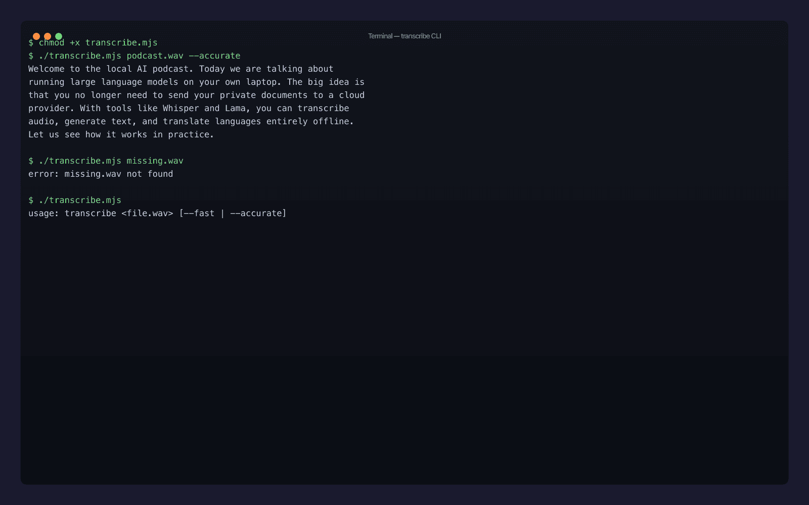 CLI transcribe in esecuzione con il flag --accurate, più i percorsi di errore per argomenti mancanti e file mancanti